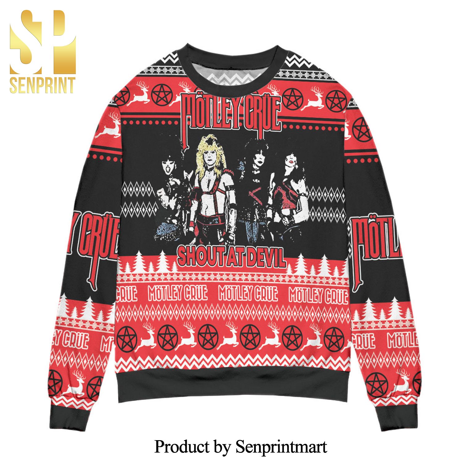 Motley Crue Band Shout At Devil Knitted Ugly Christmas Sweater – Black Red