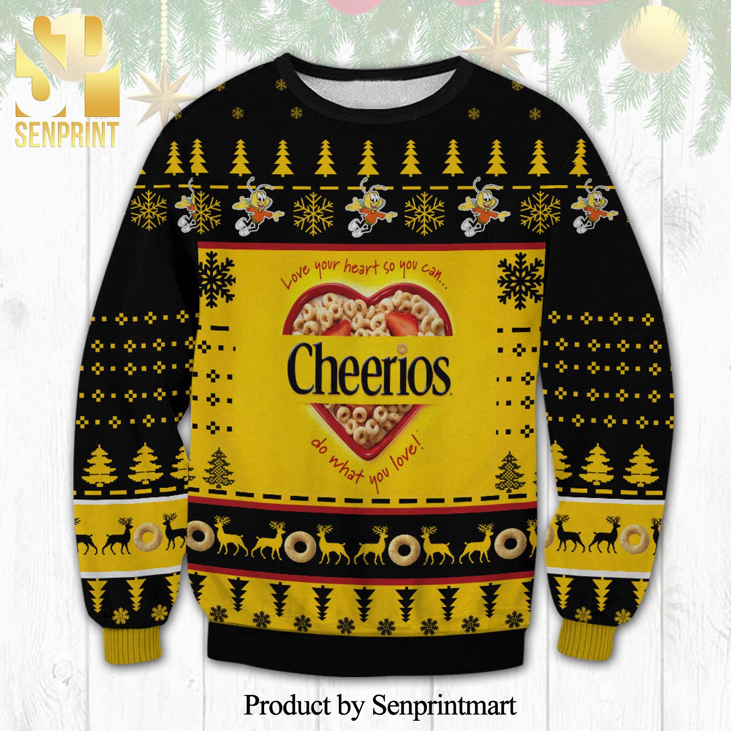 Multi Grain Cheerios Pine Tree Knitted Ugly Christmas Sweater