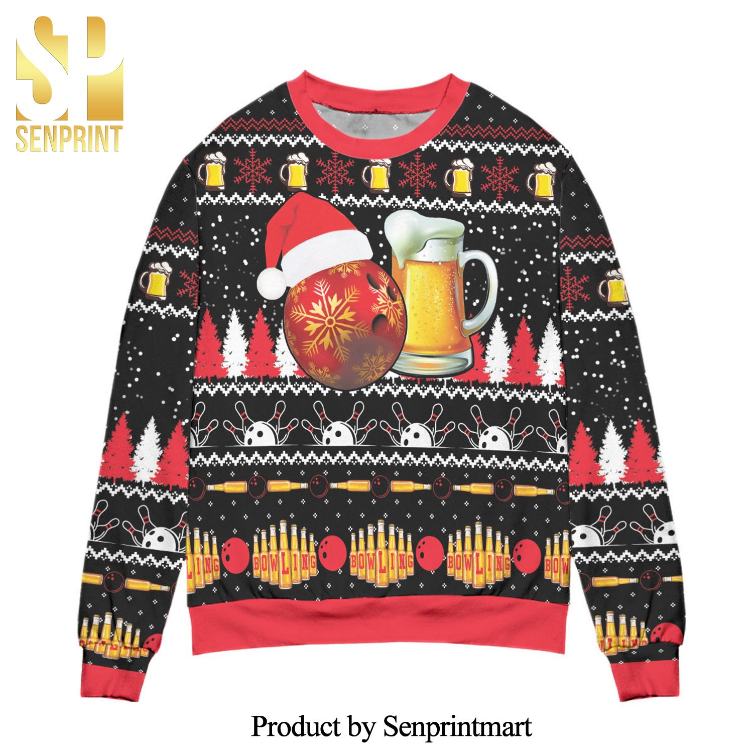 My Drinking Team Has A Bowling Problem Snowflake Pattern Knitted Ugly Christmas Sweater – Black