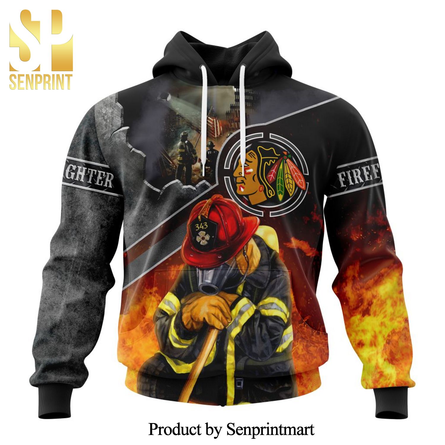NHL Chicago BlackHawks Version To Honnor Firefighter In Patriot Day We Will Never Forget All Over Printed Shirt