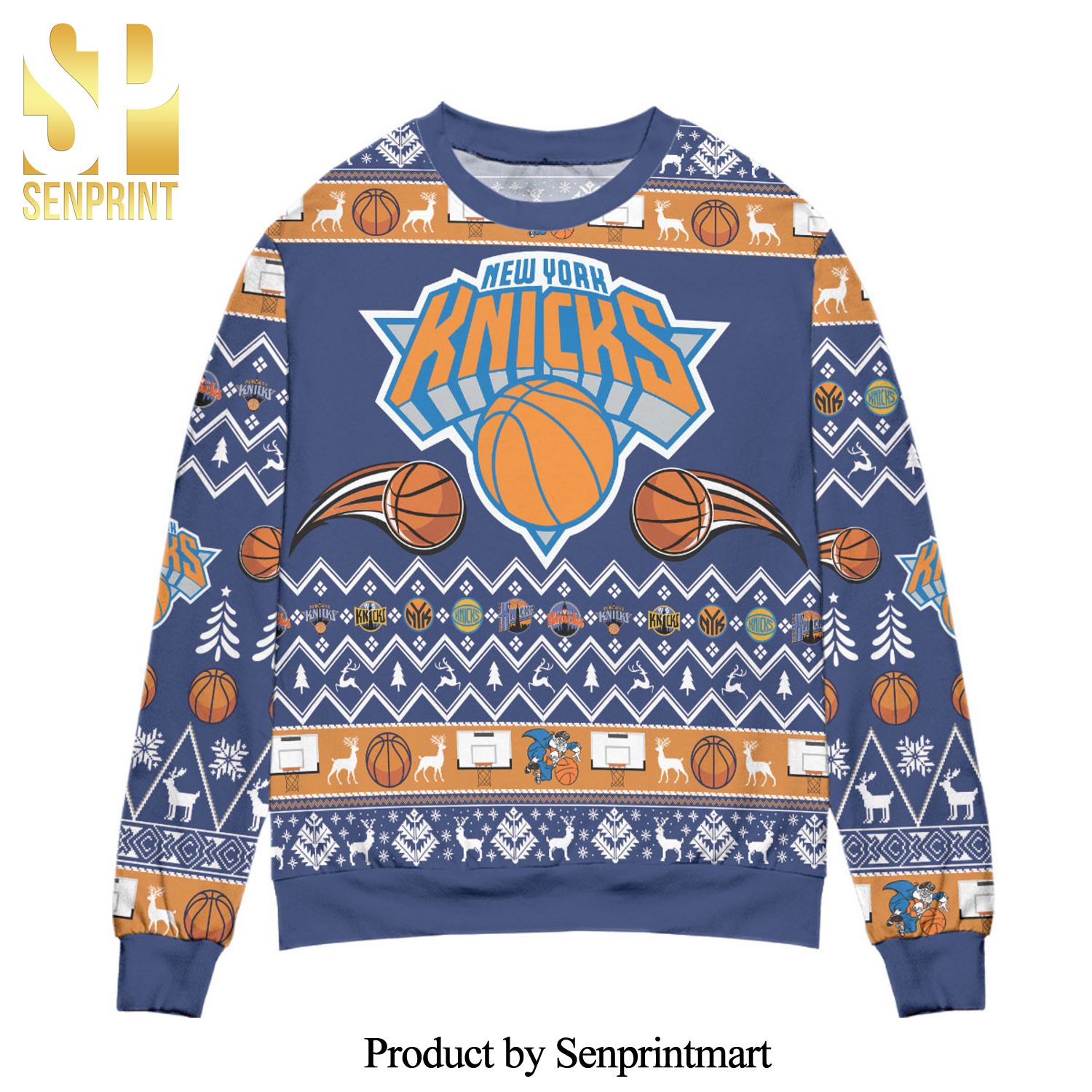 New York Knicks Basketball Team Reindeer Pattern Knitted Ugly Christmas Sweater – Blue