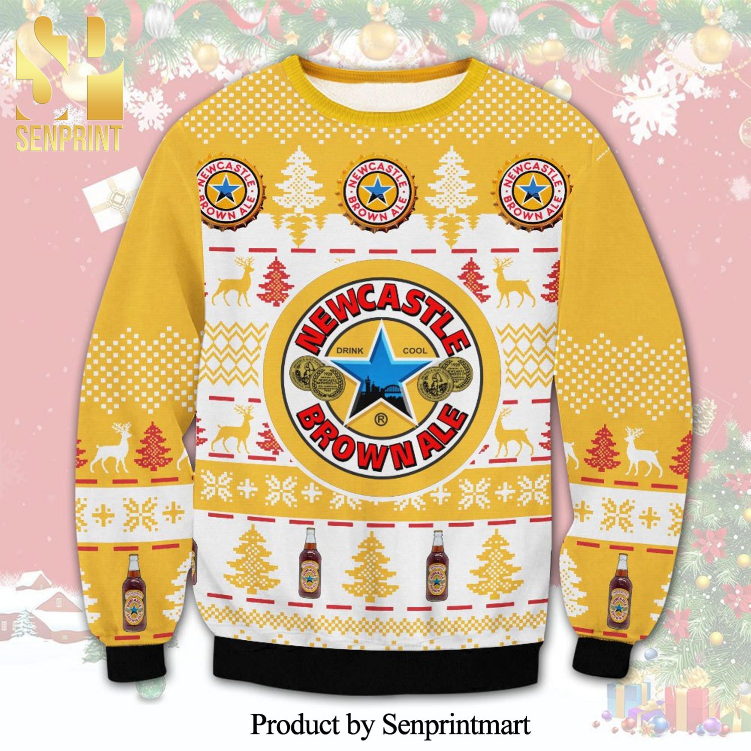 Newcastle Brown Ale Beer Pine Tree Knitted Ugly Christmas Sweater