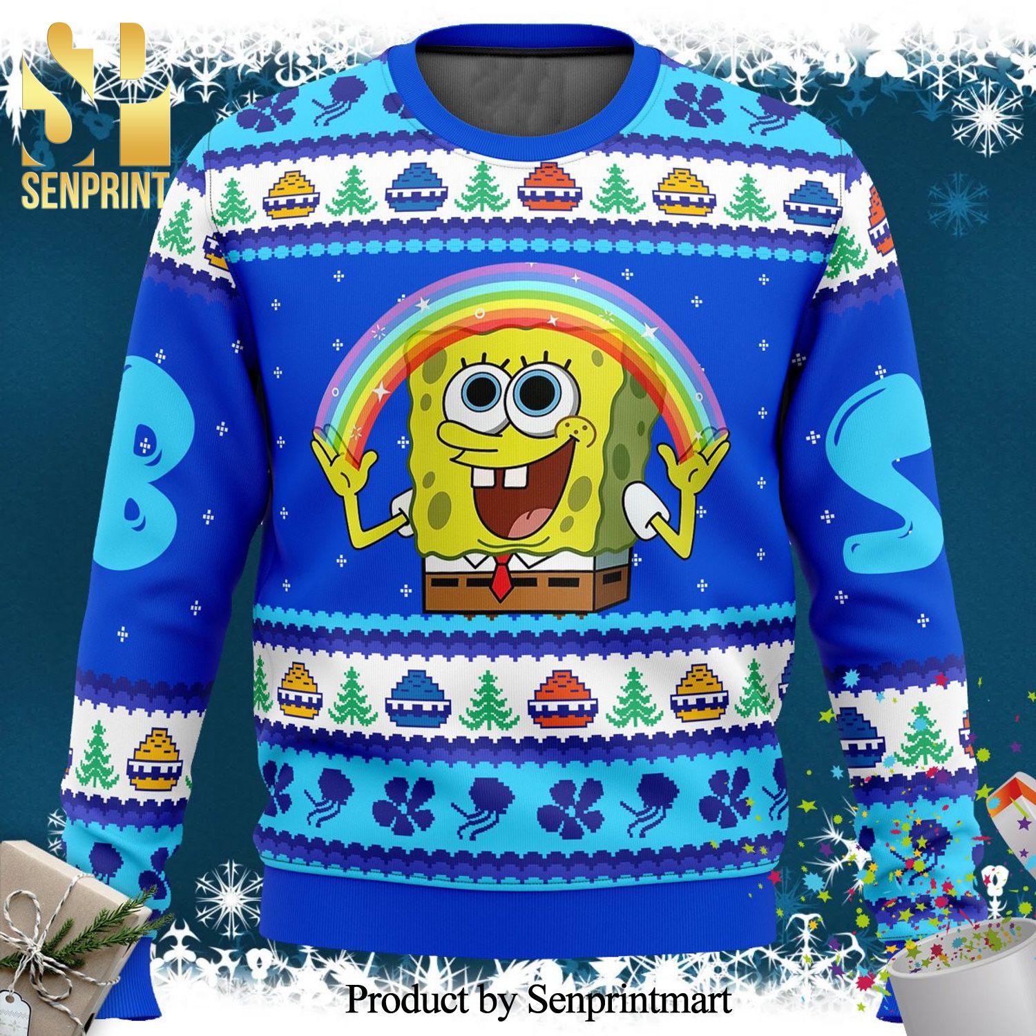 Nickelodeon Cartoons Rainbow Spongebob Knitted Ugly Christmas Sweater