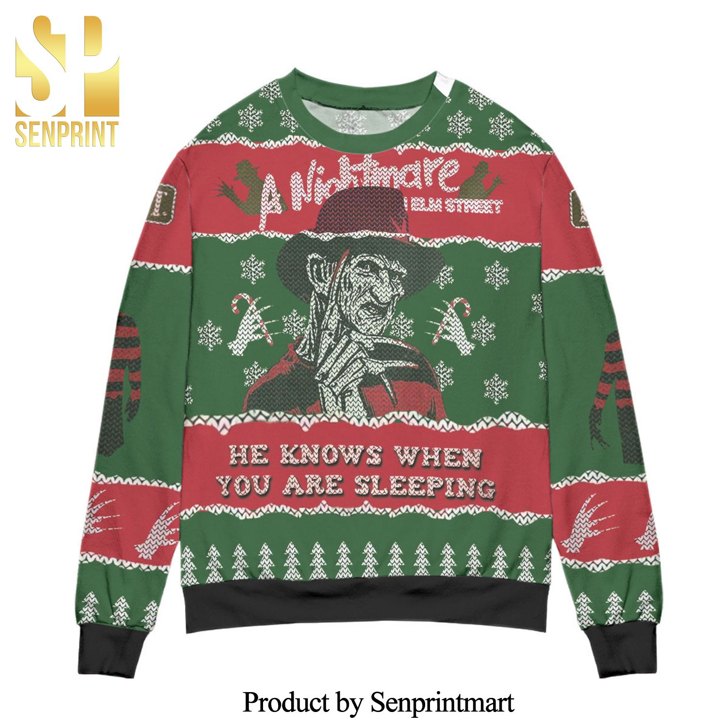 Nightmare On Elm Street He Knows Knitted Ugly Christmas Sweater – Green Red