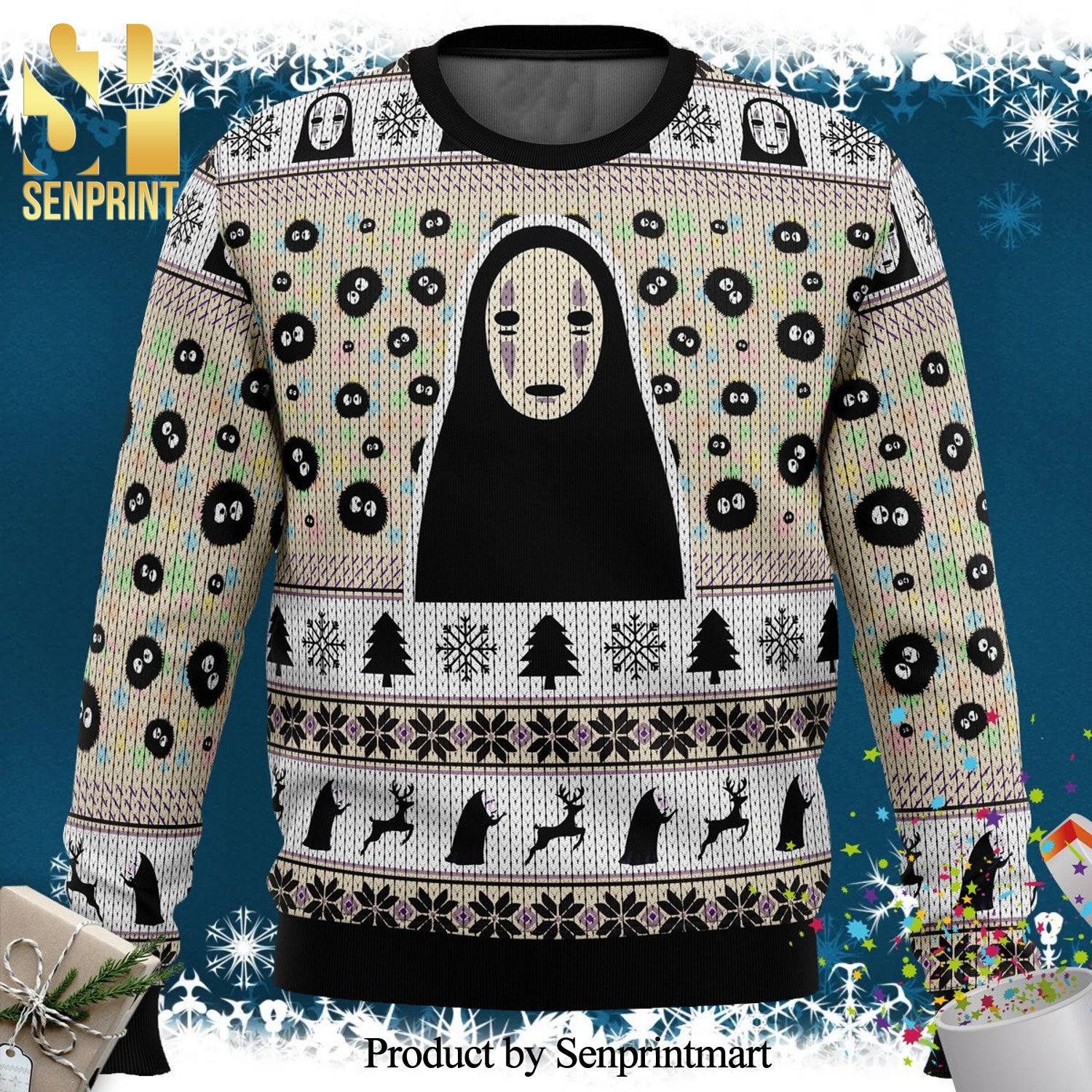 No Face And Susuwatari Spirited Away Anime Knitted Ugly Christmas Sweater