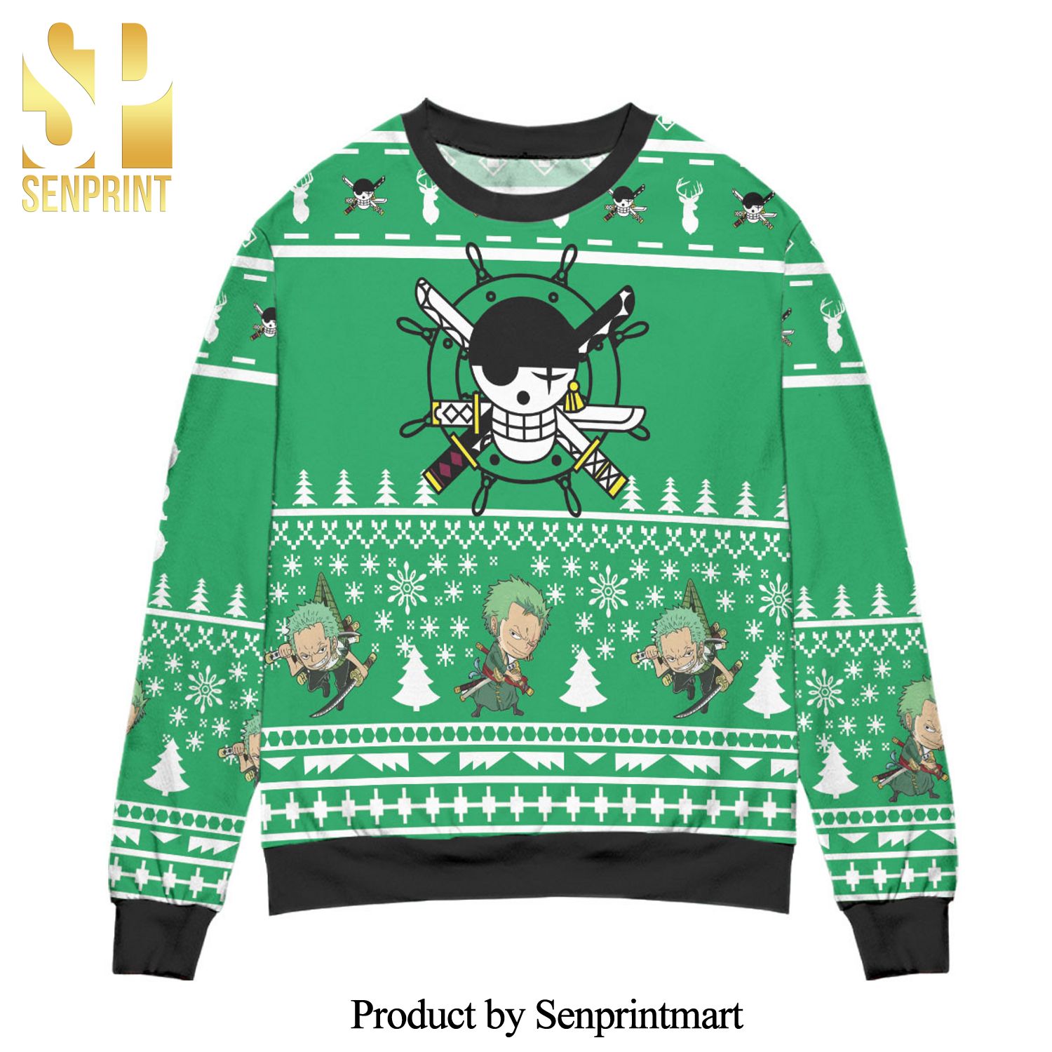 One Piece Jolly Roger Roronoa Zoro Knitted Ugly Christmas Sweater