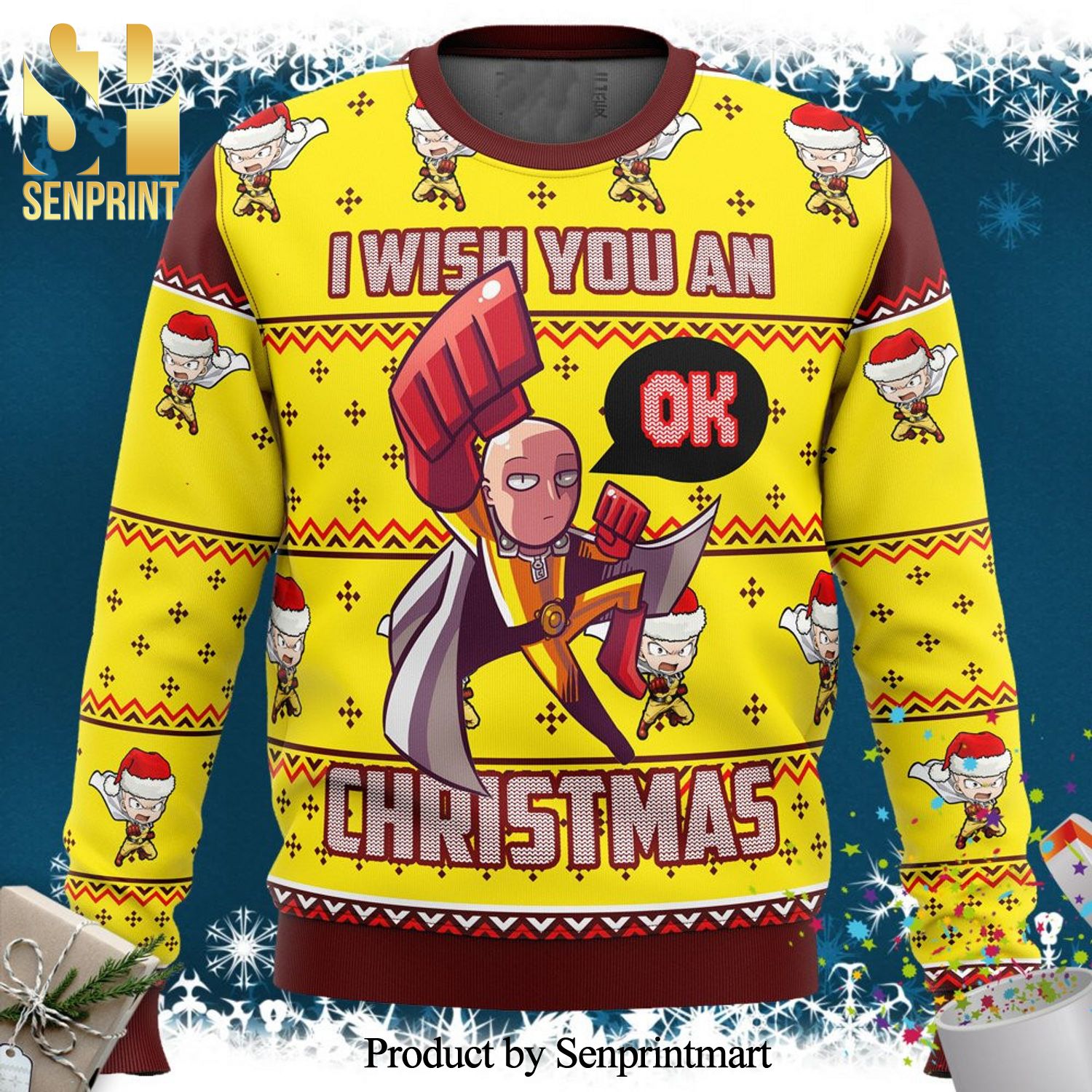 One Punch Saitama Ok Manga Anime Knitted Ugly Christmas Sweater