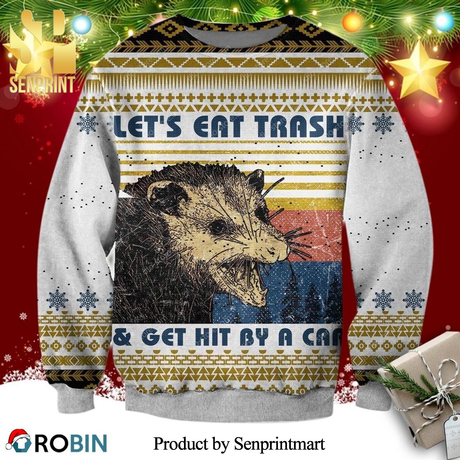 Opossum Let’s Eat Trash And Get Hit By A Car Knitted Ugly Christmas Sweater