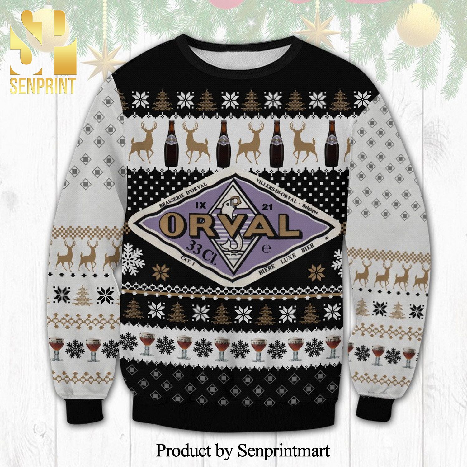 Orval Brewery Beer Reindeer Knitted Ugly Christmas Sweater