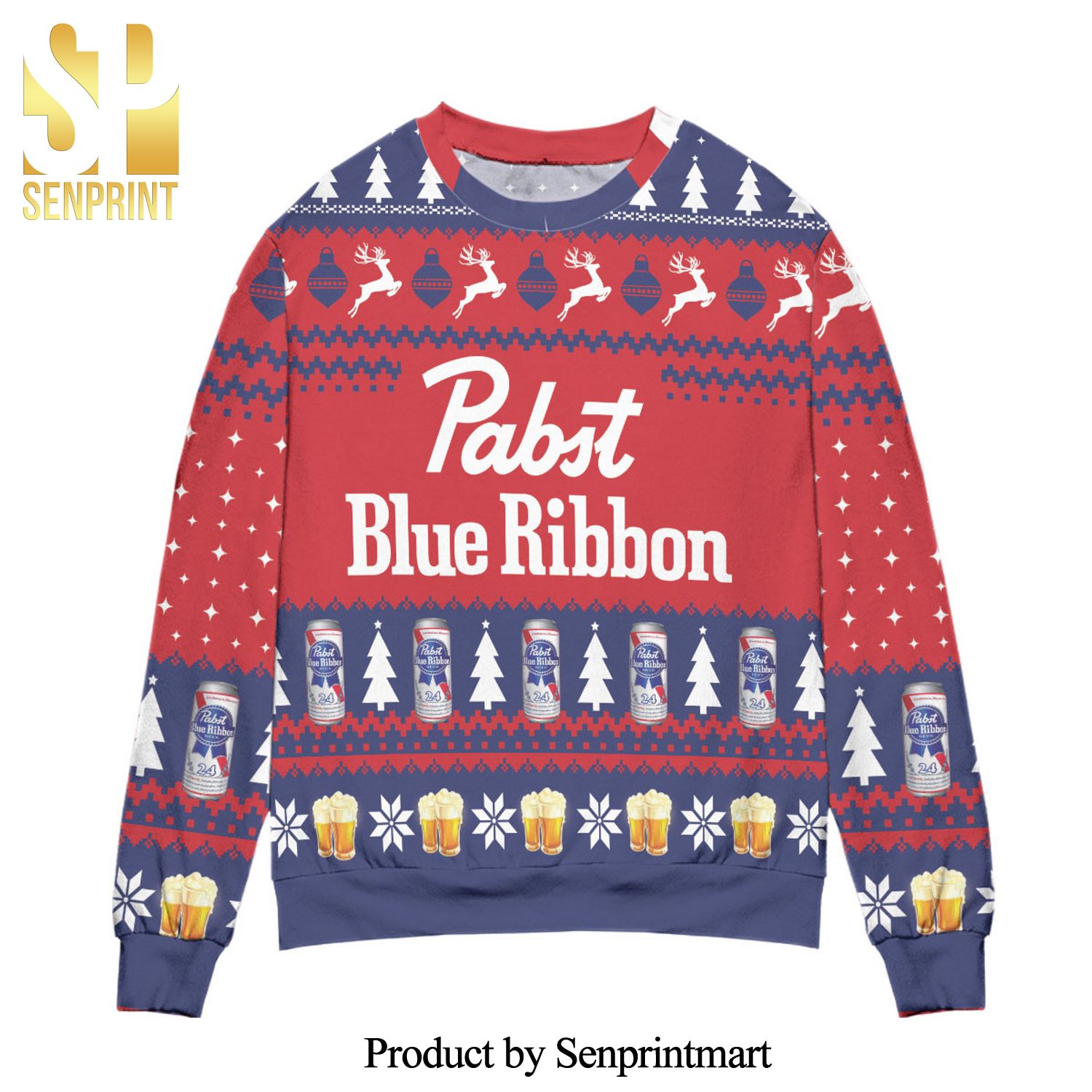 Pabst Blue Ribbon Beer Knitted Ugly Christmas Sweater