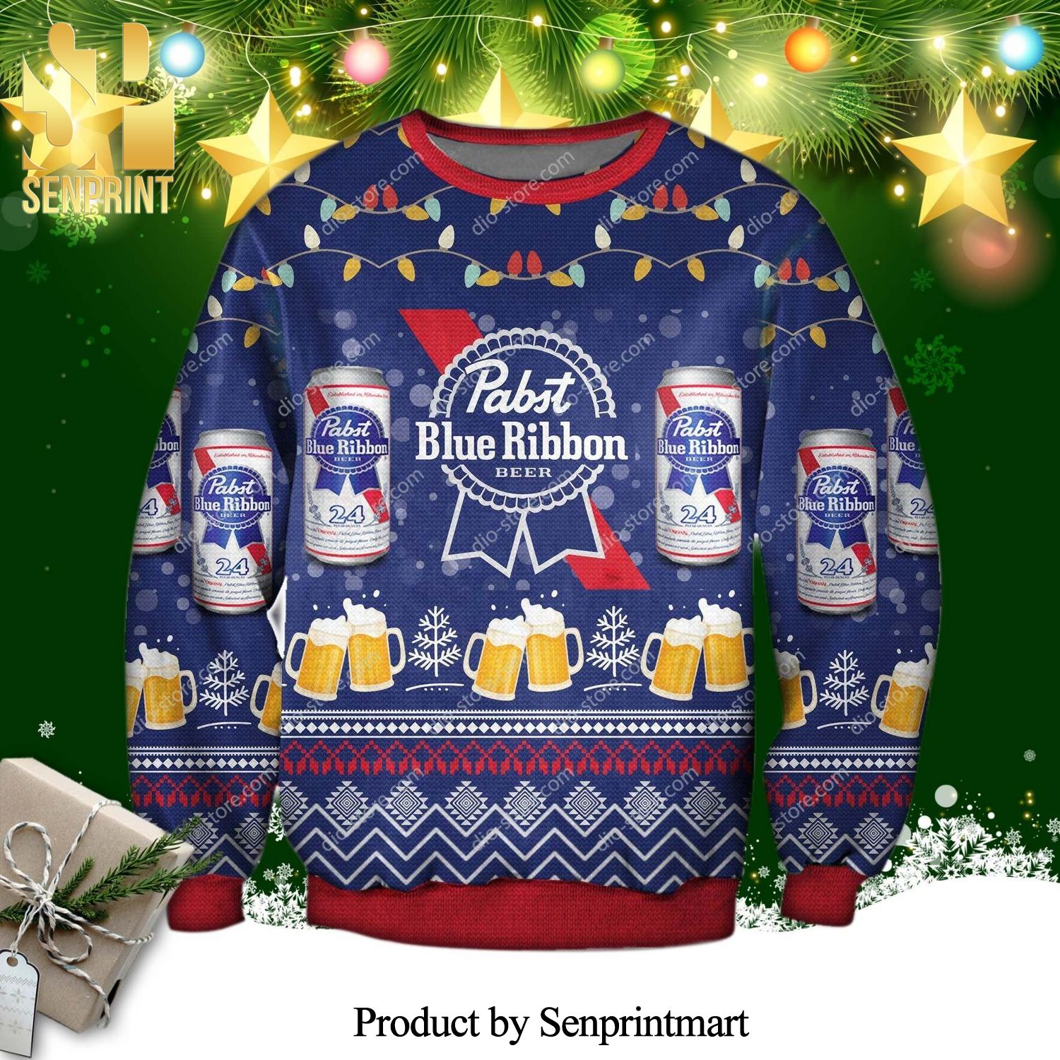 Pabst Blue Ribbon Beer Knitted Ugly Christmas Sweater – Navy