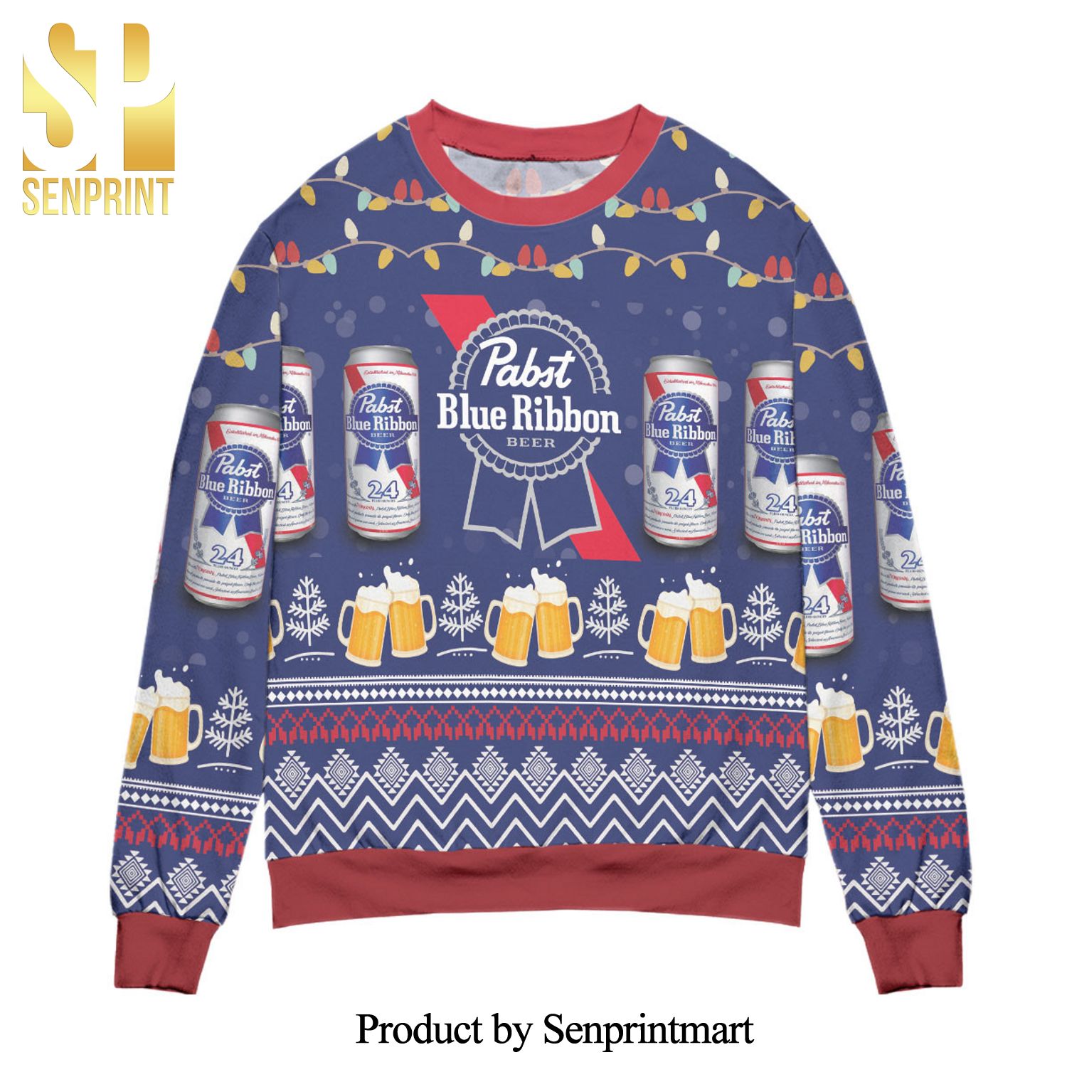 Pabst Blue Ribbon Beer Lights And Snow Knitted Ugly Christmas Sweater – Blue