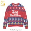 Pabst Blue Ribbon Beer Lights And Snow Knitted Ugly Christmas Sweater – Blue