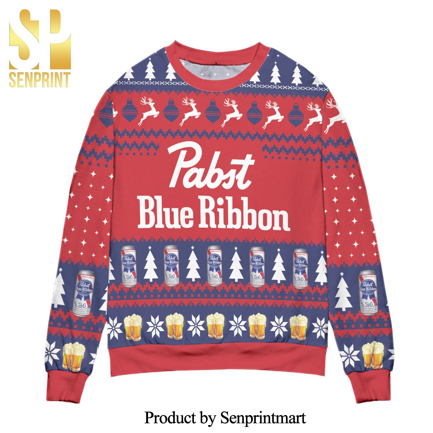 Pabst Blue Ribbon Beer Pine Tree And Reindeer Pattern Knitted Ugly Christmas Sweater – Red