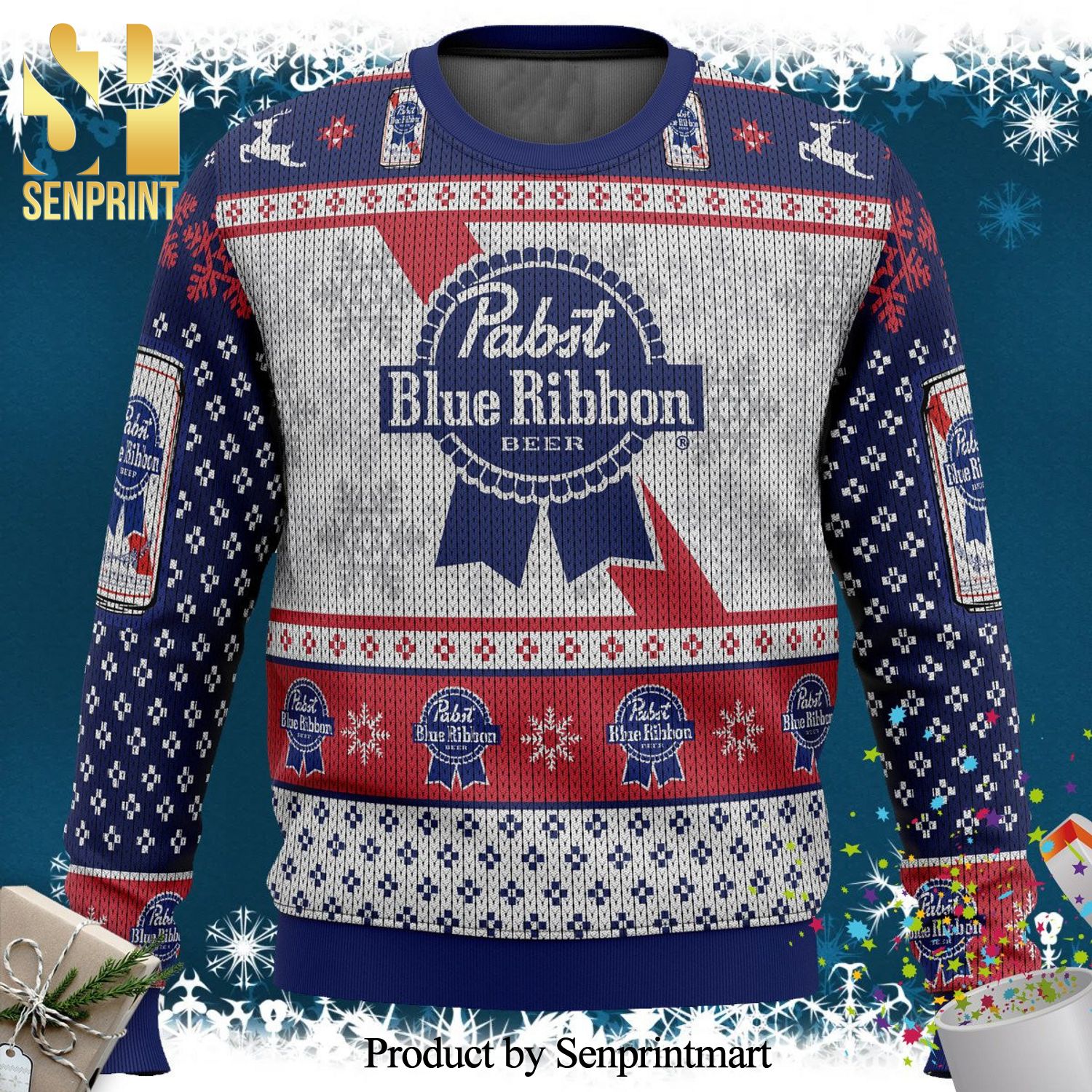 Pabst Blue Ribbon Knitted Ugly Christmas Sweater