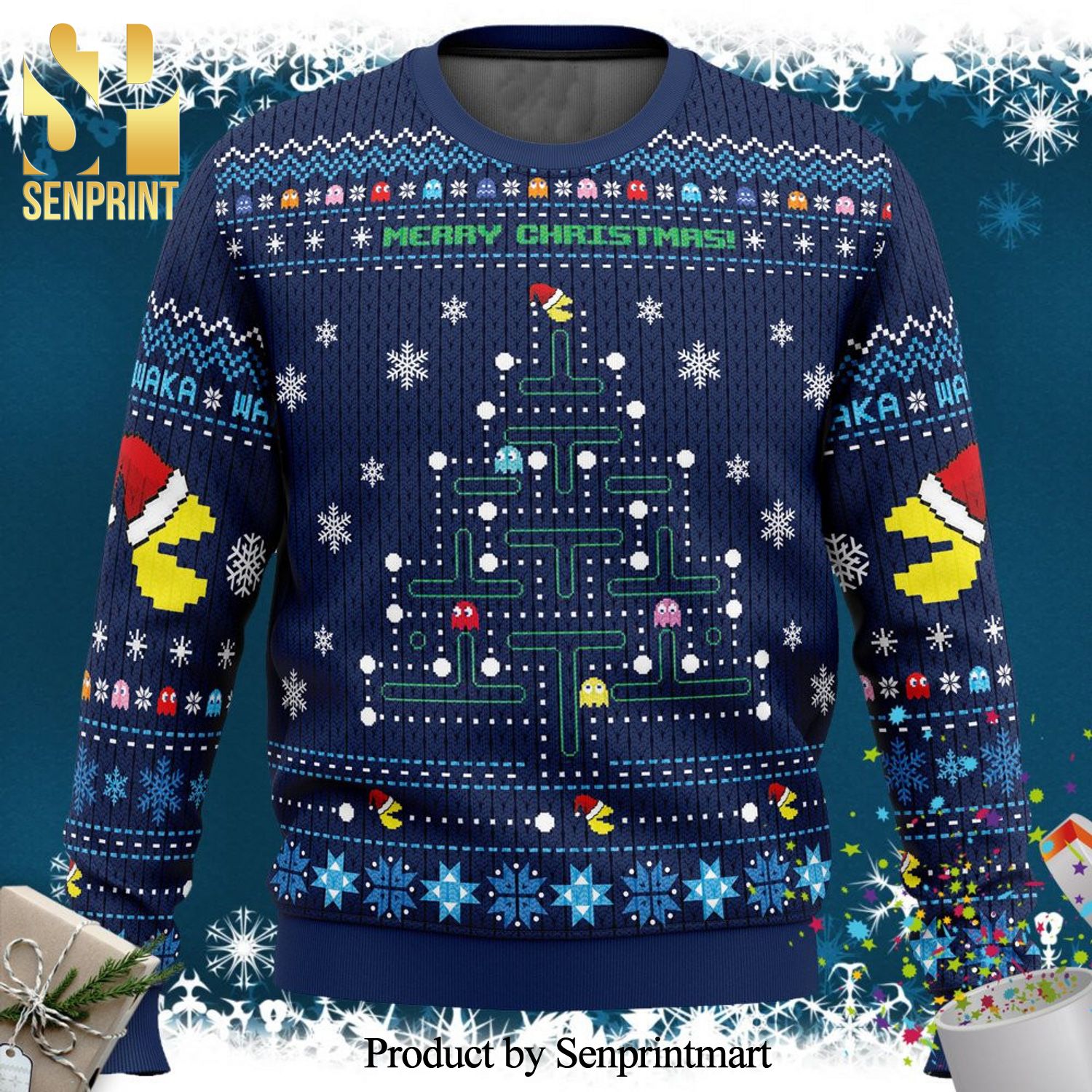 Pac-Man Pine Tree Knitted Ugly Christmas Sweater