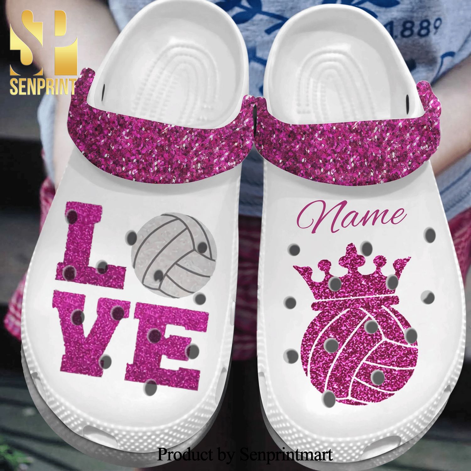 Custom Name Queen Bling Love Volleyball Gift For Lover Full Printing Classic Crocs Crocband Clog