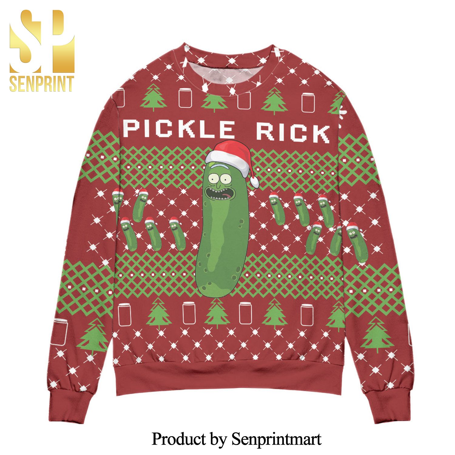 Pickle Rick and Morty Christmas Pine Tree Pattern Knitted Ugly Christmas Sweater – Red