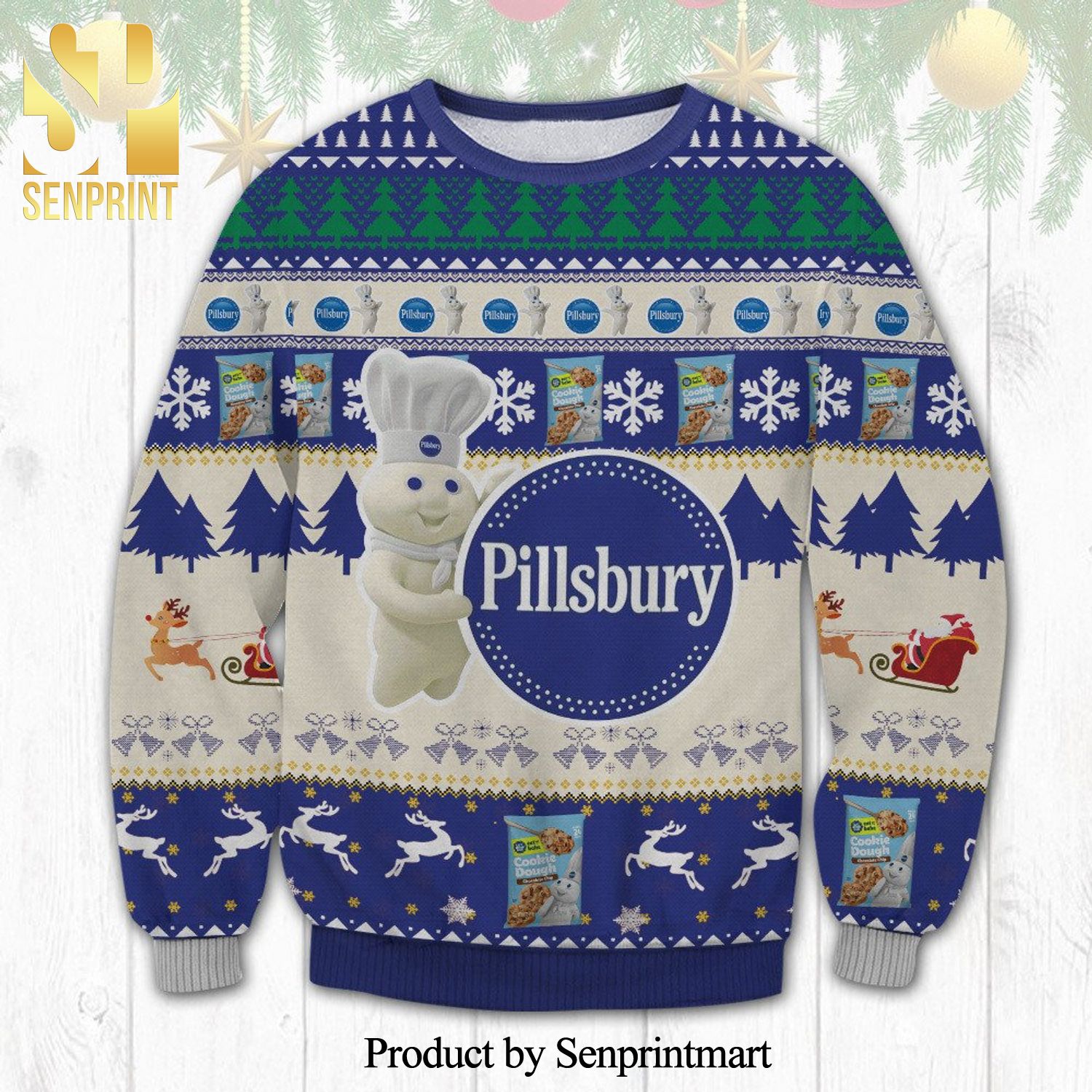 Pillsbury Cookies Reindeer And Pine Tree Pattern Knitted Ugly Christmas Sweater