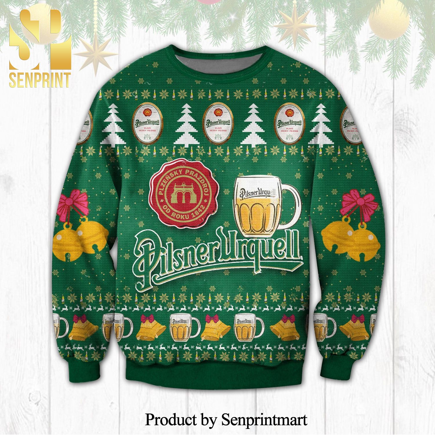 Pilsner Urquell Beer Green Knitted Ugly Christmas Sweater