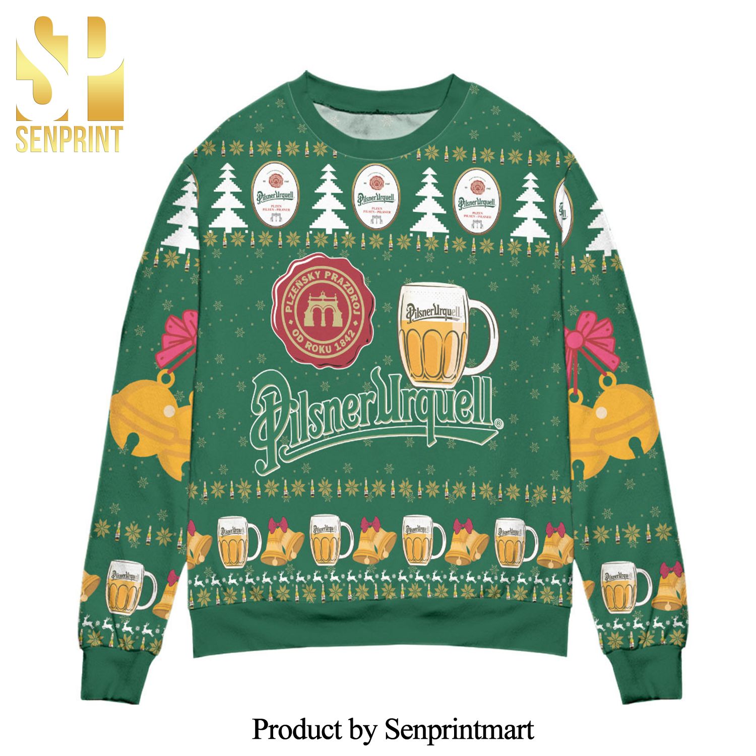 Pilsner Urquell Beer Pine Tree And Snowflake Knitted Ugly Christmas Sweater – Green