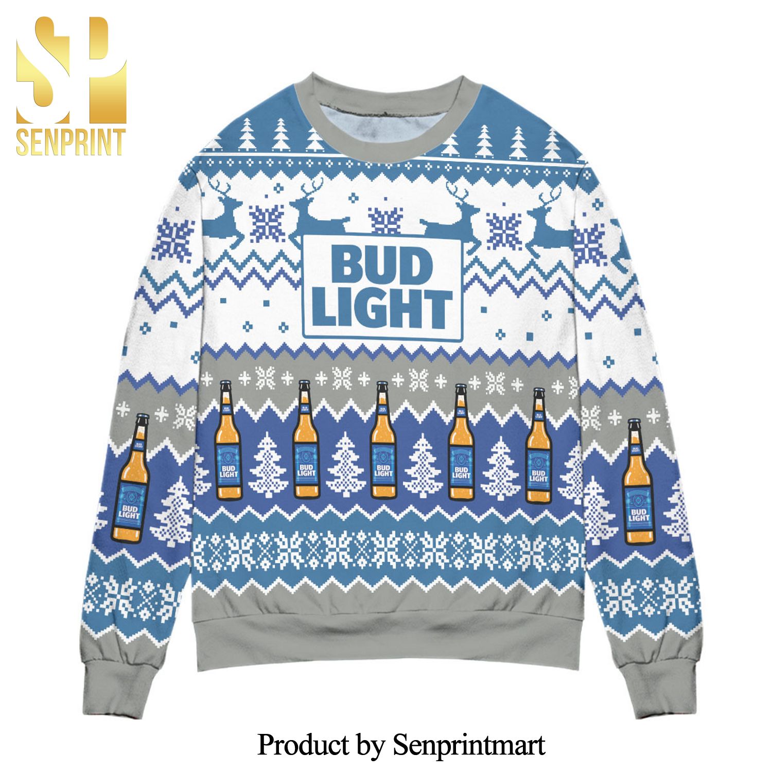 Pixel Bud Light Reindeer And Snowflake Pattern Knitted Ugly Christmas Sweater