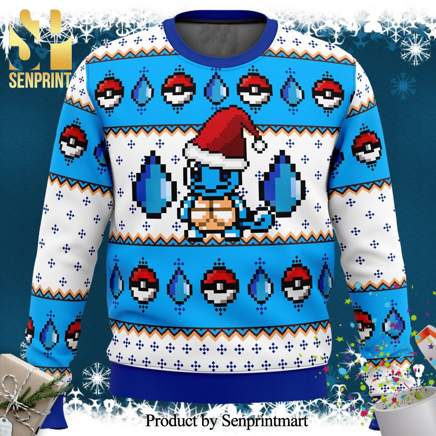 Pixel Squirtle Pokemon Manga Anime Knitted Ugly Christmas Sweater