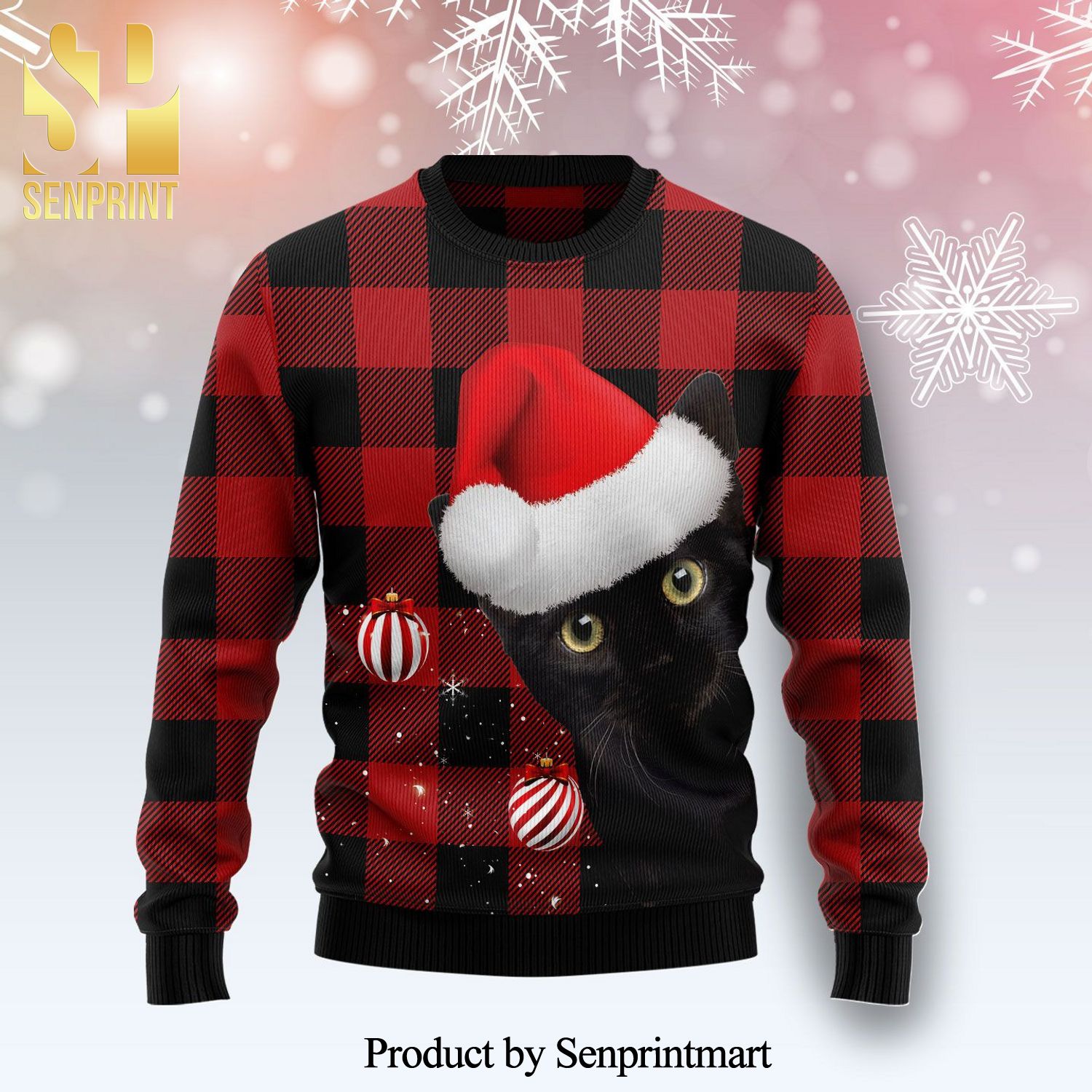 Plaid Pattern Black Cat Knitted Ugly Christmas Sweater