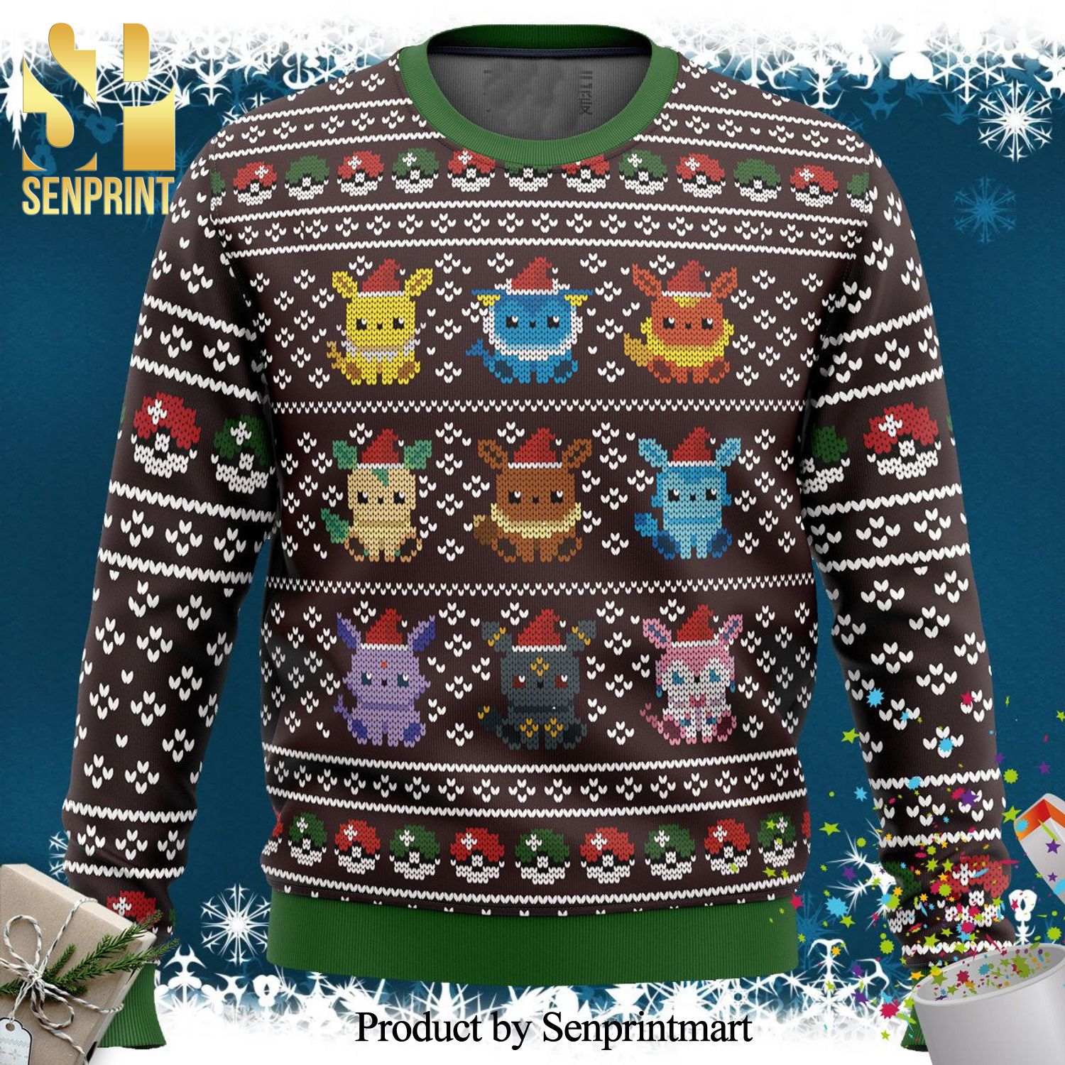 Pokemon Eeveelution Manga Anime Knitted Ugly Christmas Sweater – Brown