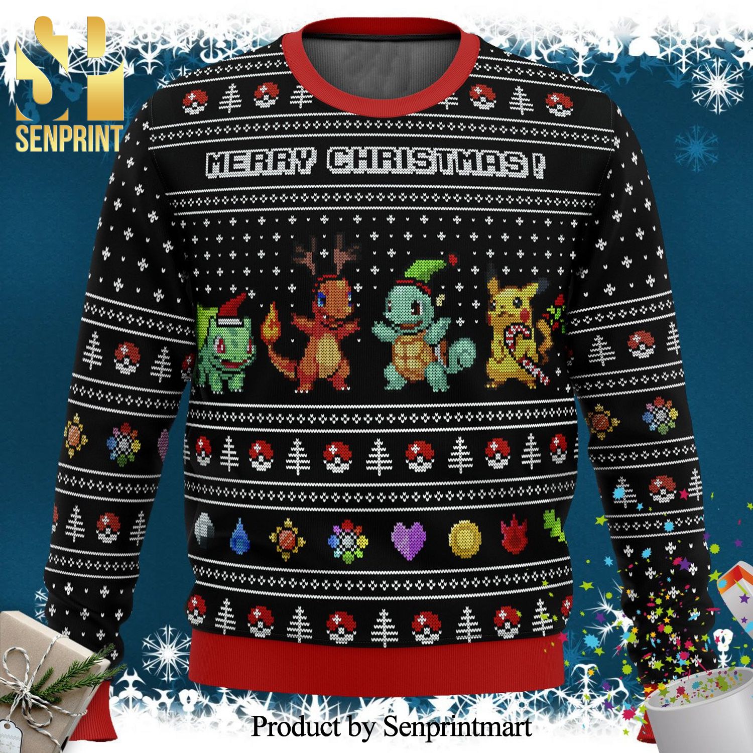 Pokemon Kanto Starters Manga Anime Knitted Ugly Christmas Sweater