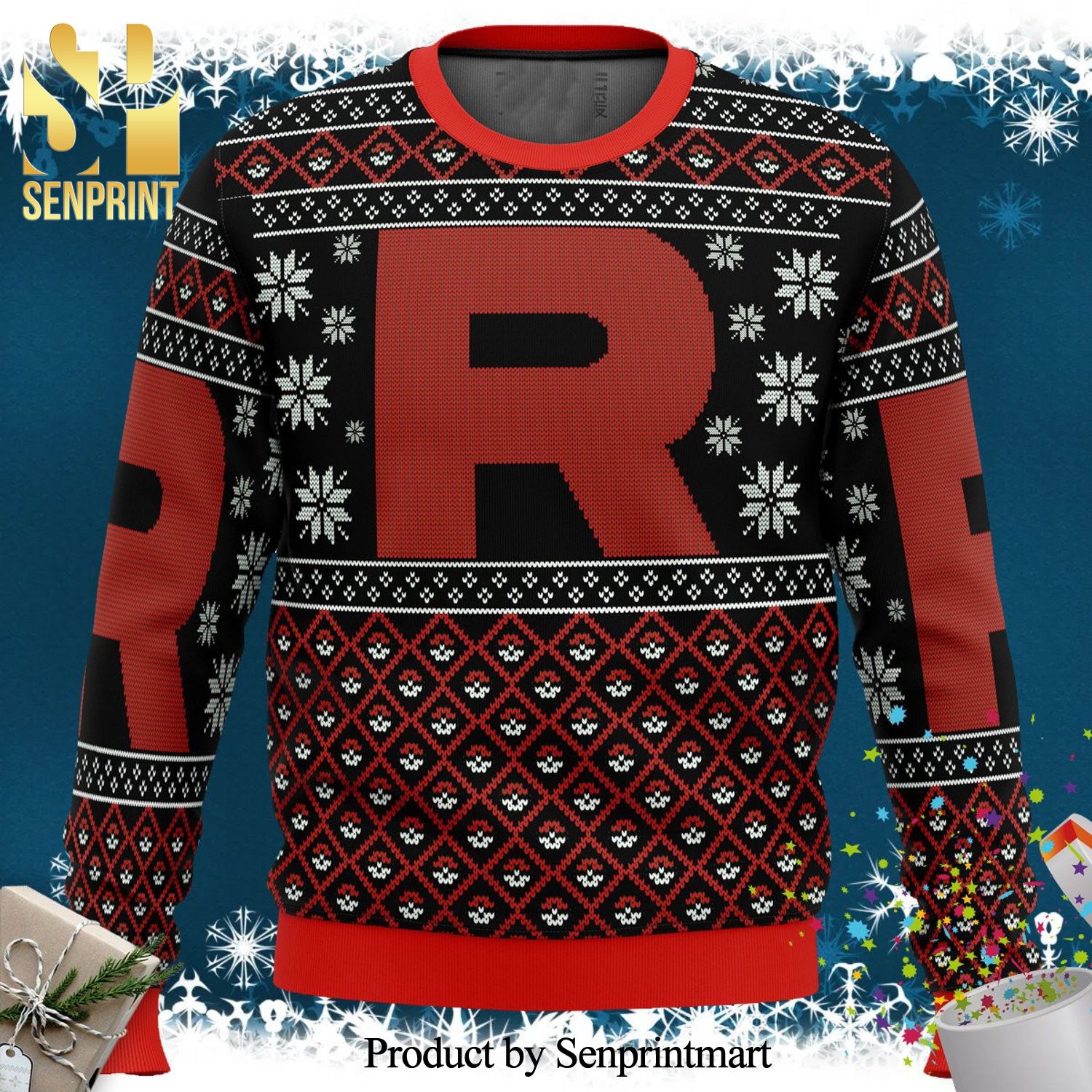 Pokemon Team Rocket Red Black Knitted Ugly Christmas Sweater