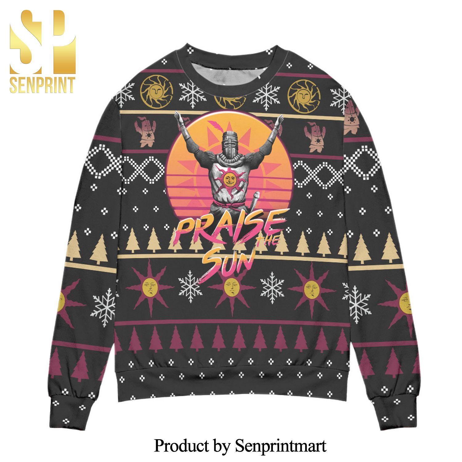 Praise The Sun Dark Souls Snowflake Pattern Knitted Ugly Christmas Sweater – Black