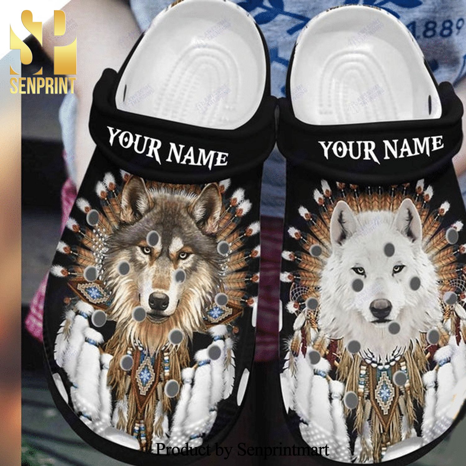 Custom name Wolf Bohemian Rubber Crocs Crocband In Unisex Adult Shoes