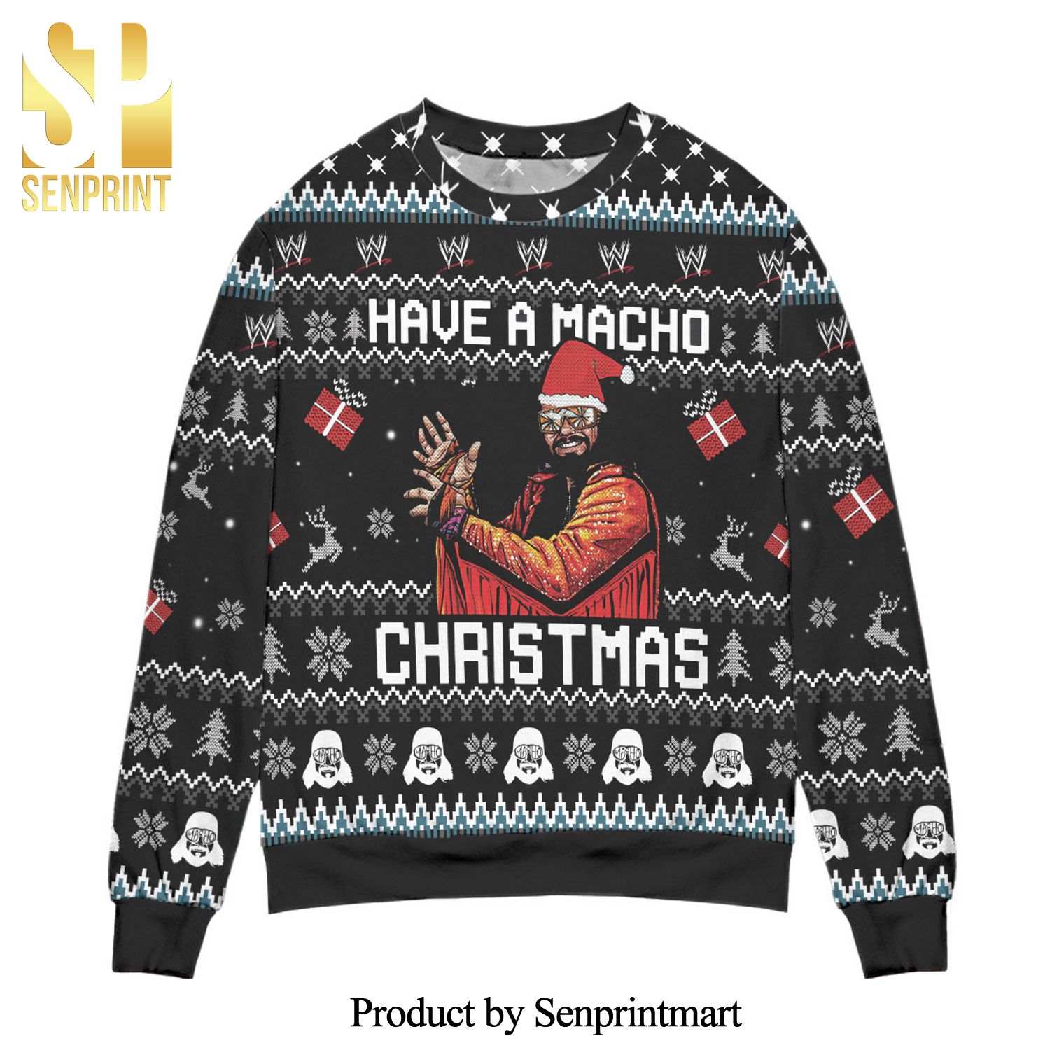 Randy Savage WWE Have A Macho Christmas Pine Tree And Snowflake Pattern Knitted Ugly Christmas Sweater – Black