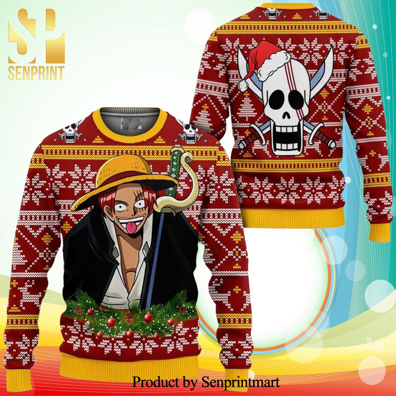 Red Hair Shanks One Piece Manga Anime Knitted Ugly Christmas Sweater