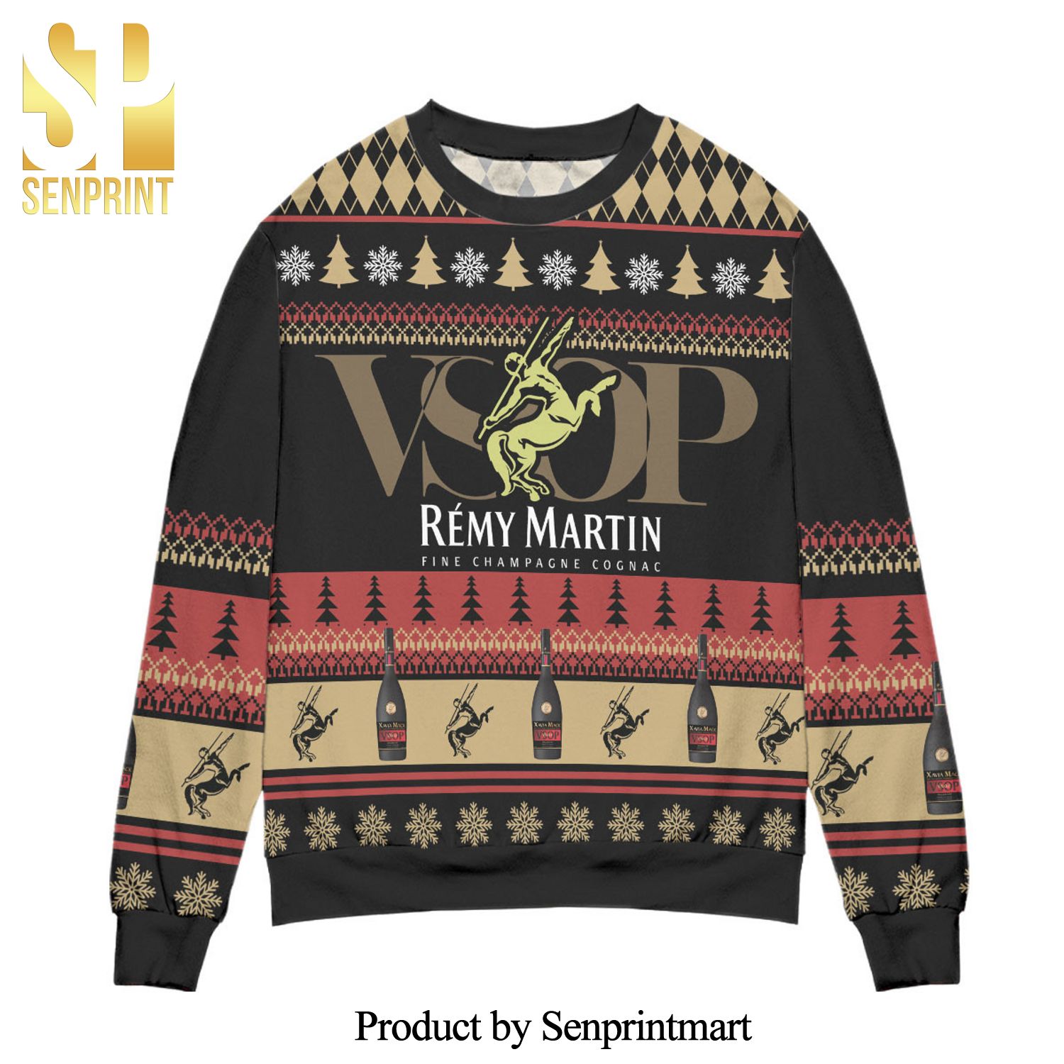 Remy Martin Cognac Snowflake And Pine Tree Pattern Knitted Ugly Christmas Sweater – Black