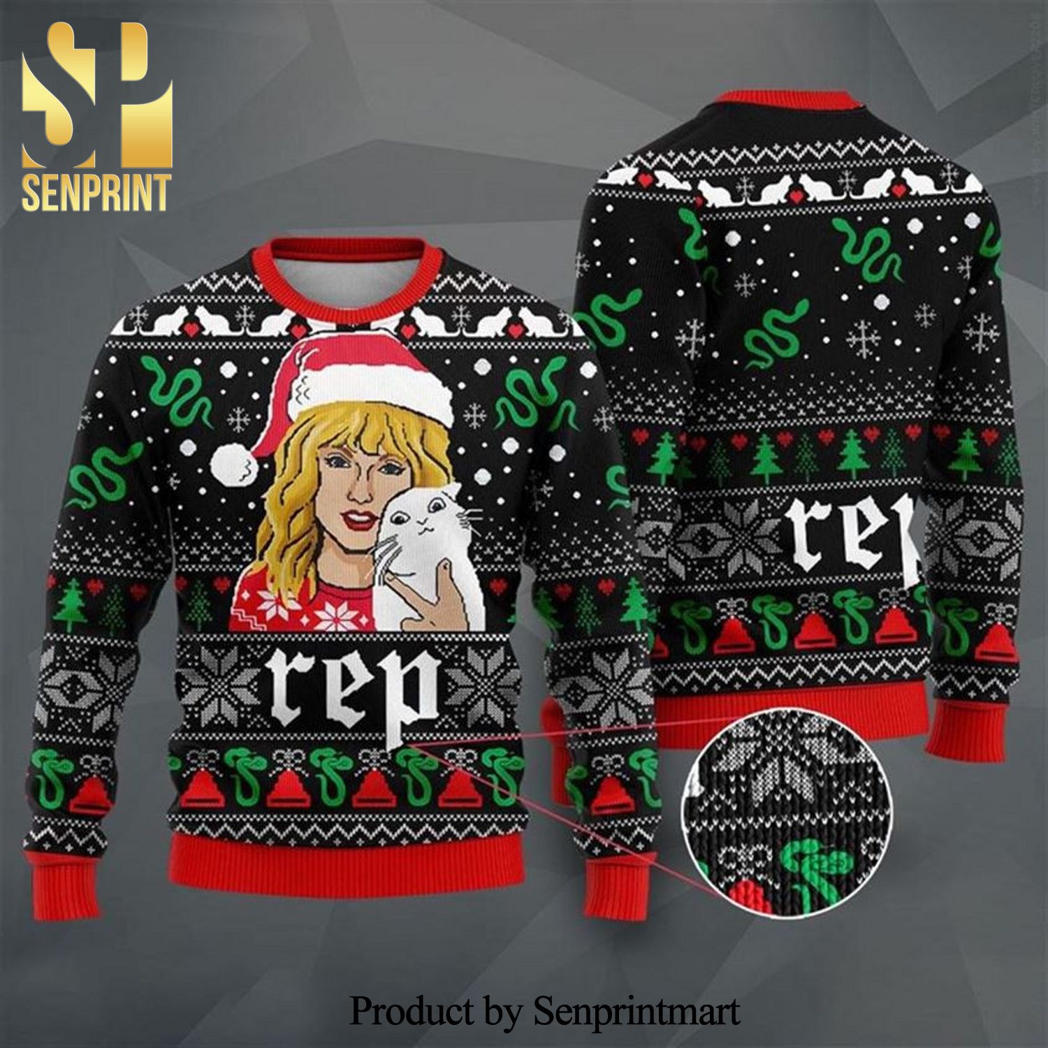 Rep Taylor Swift And Cat Knitted Ugly Christmas Sweater