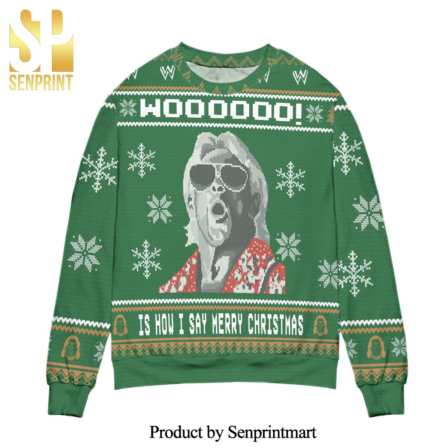 Ric Flair Woooo – Is How I Say Merry Christmas Snowflake Pattern Knitted Ugly Christmas Sweater – Green