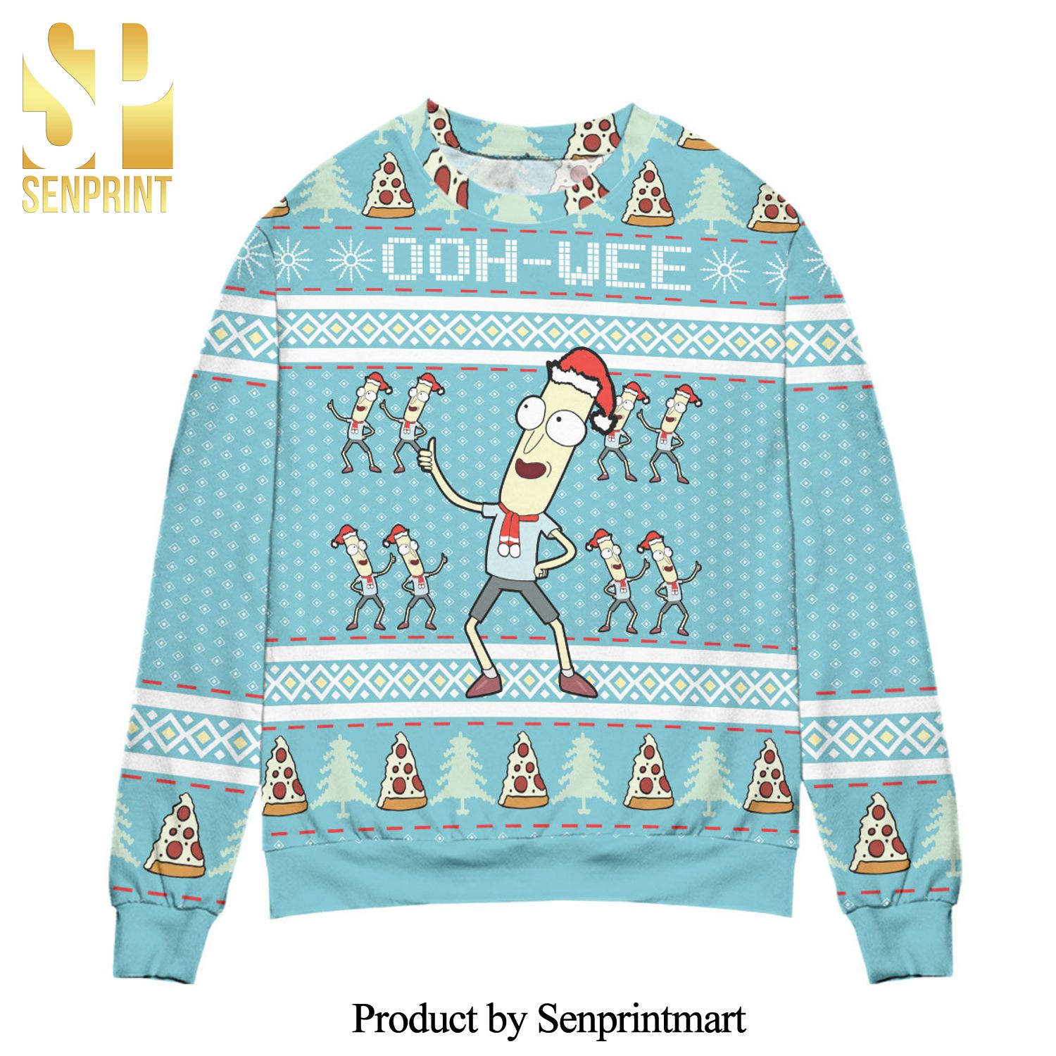 Rick and Morty Mr Poopybutthole Ooh Wee Snowflake Pattern Knitted Ugly Christmas Sweater – Blue