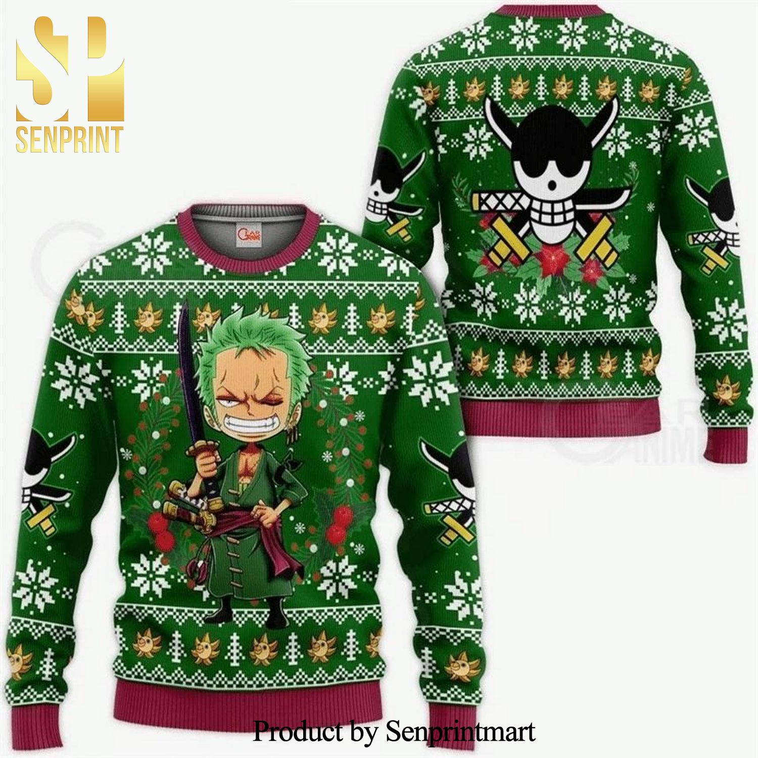 Roronoa Zoro Chibi One Piece Anime Manga Knitted Ugly Christmas Sweater