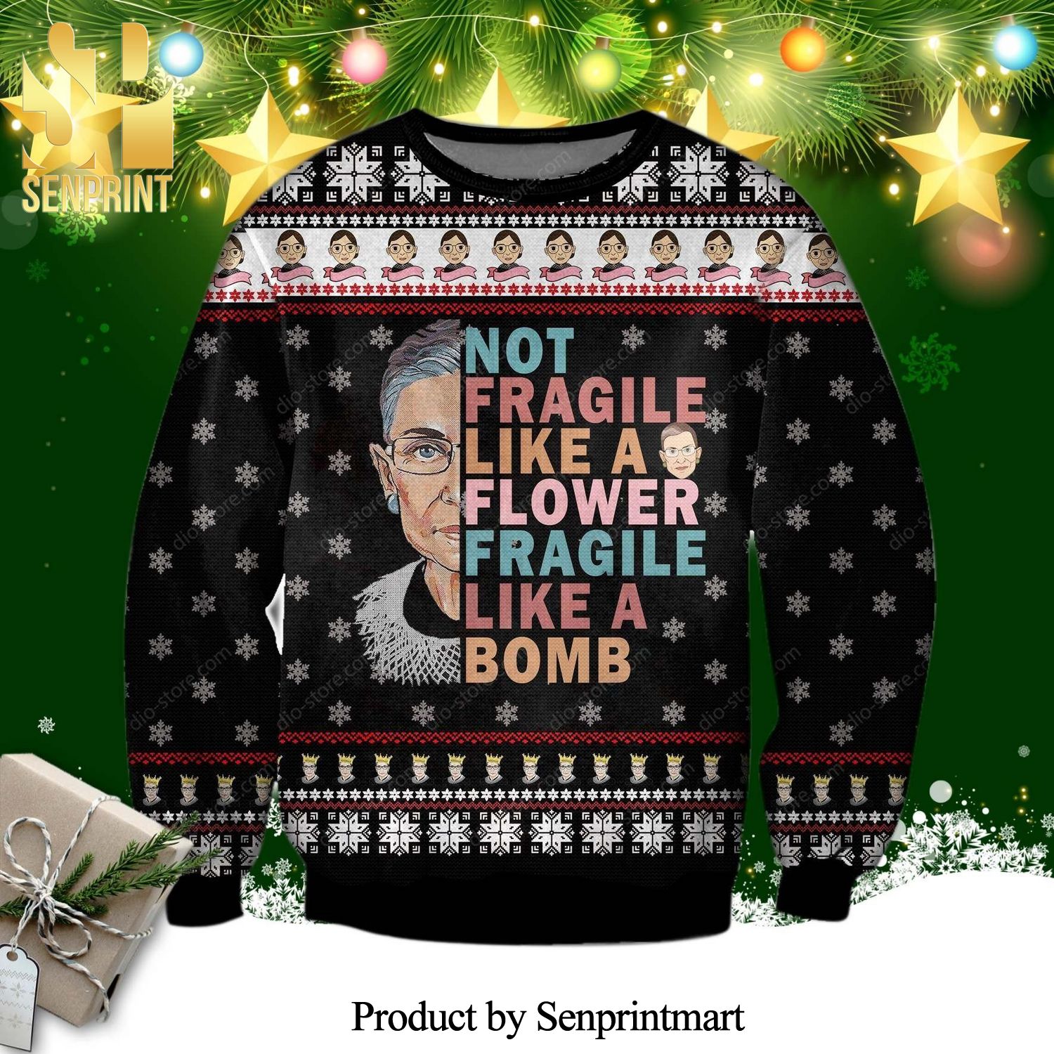 Ruth Bader Ginsburg Fragile Like A Bomb Knitted Ugly Christmas Sweater