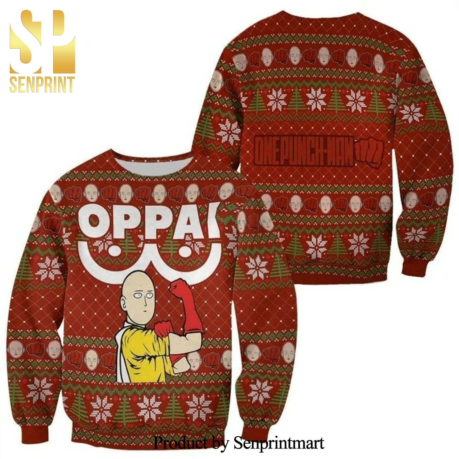 Saitama Oppai One Punch Man Anime Xmas Knitted Ugly Christmas Sweater