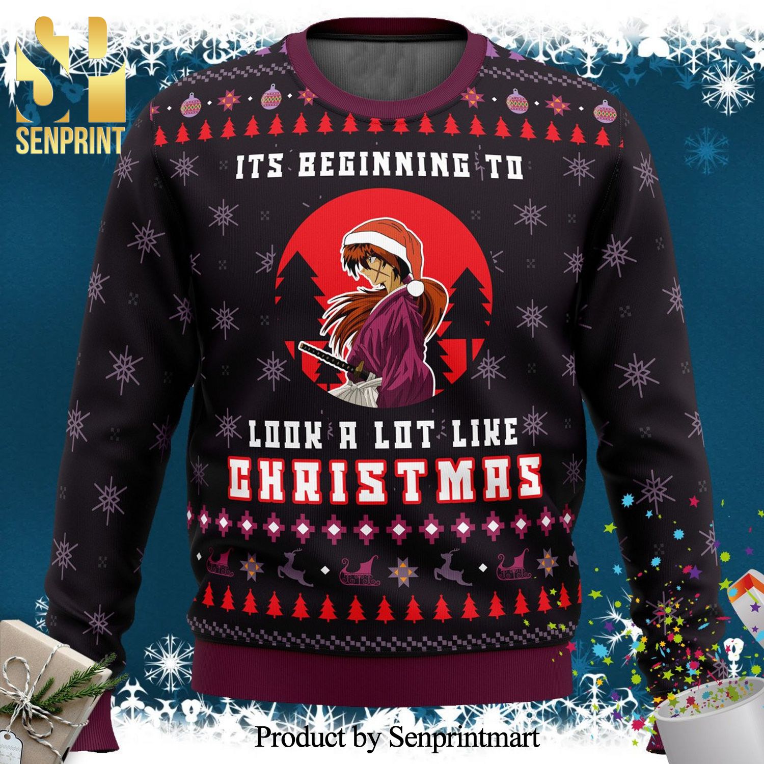 Samurai X Its Beginning To Look A Lot Like Christmas Rurouni Kenshin Knitted Ugly Christmas Sweater