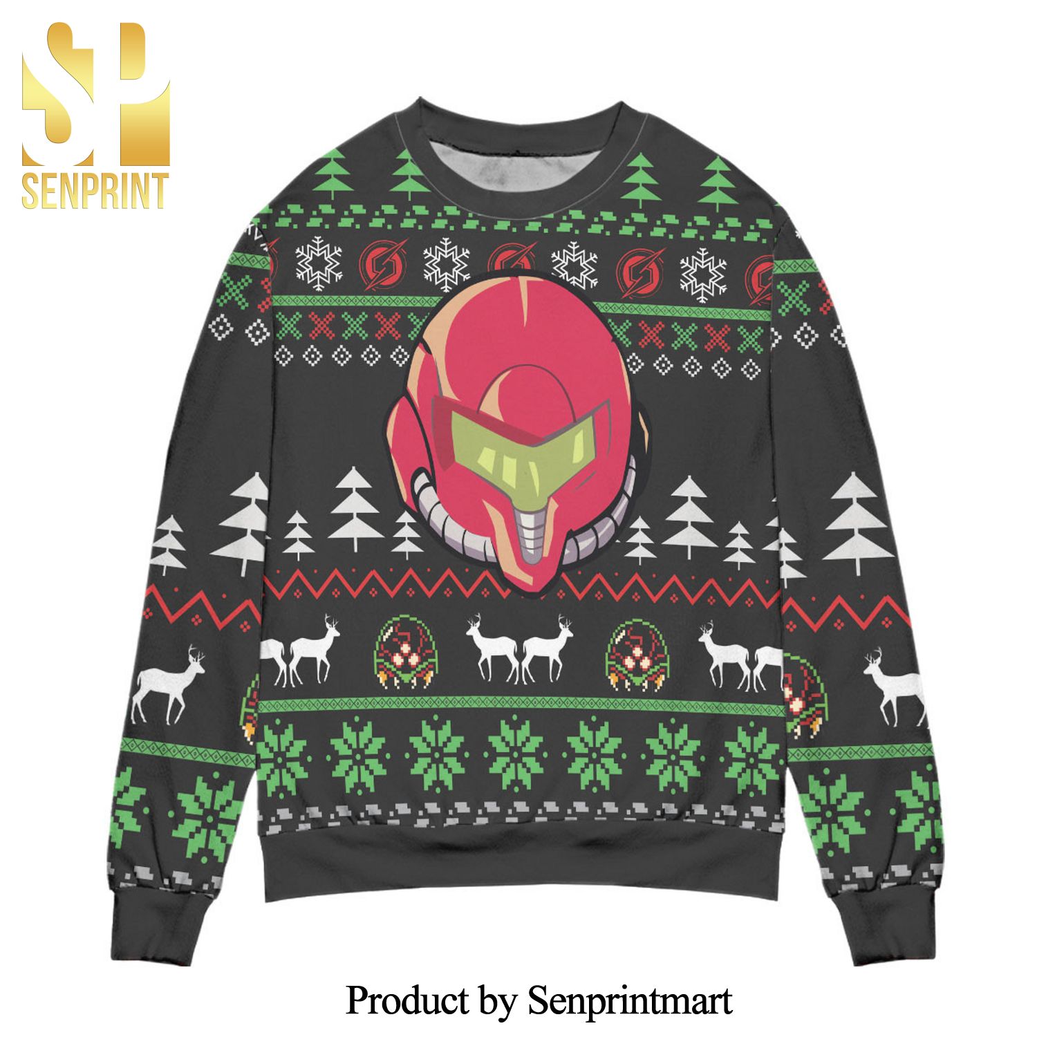 Samus Aran Helmet Pine Tree Pattern Knitted Ugly Christmas Sweater – Black