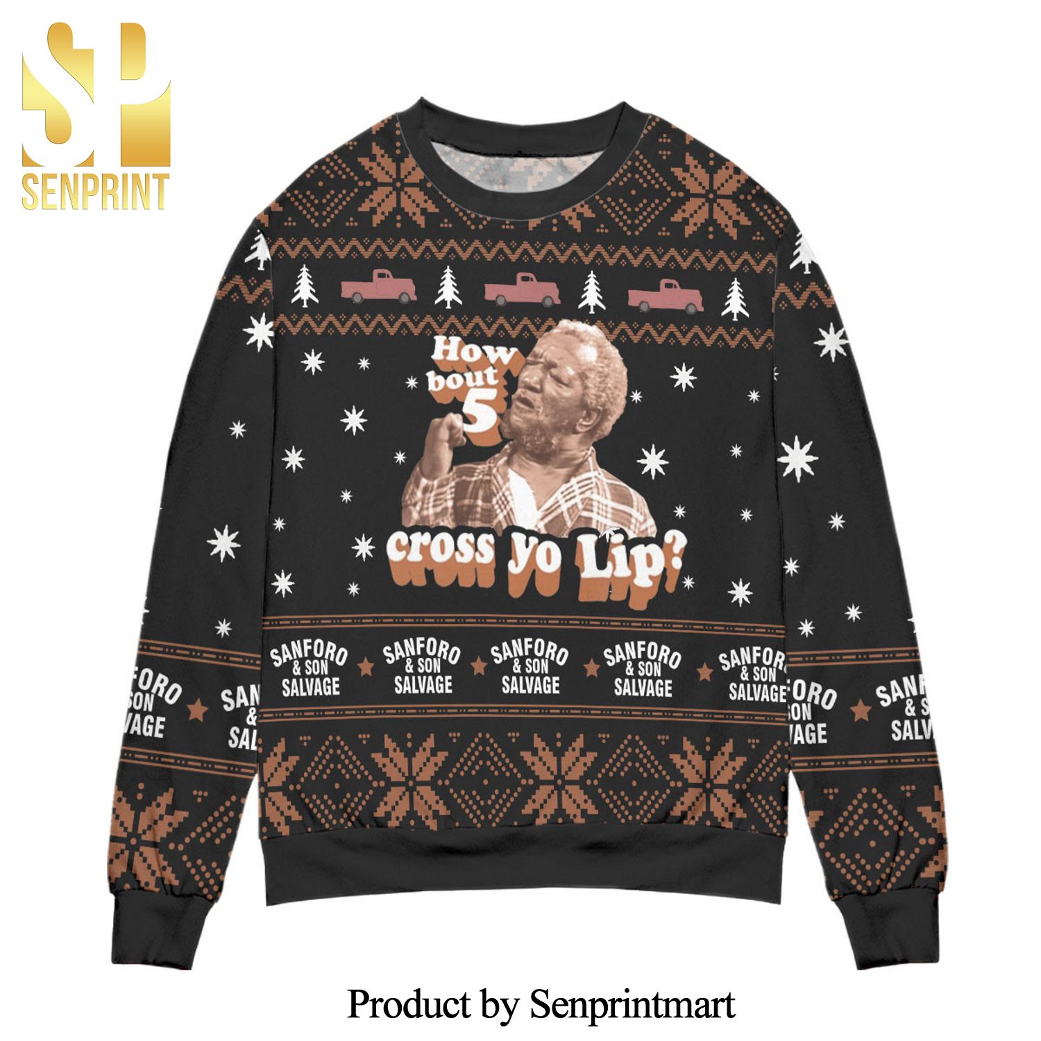 Sanford And Son Salvage How About 5 Cross Your Lips Snowflake Pattern Knitted Ugly Christmas Sweater – Black