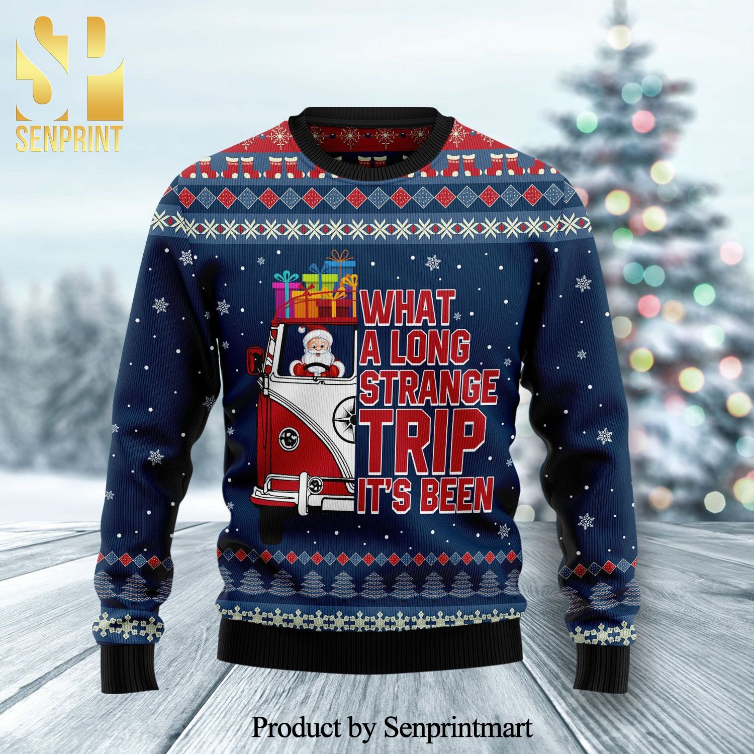 Santa Bus What a Long Strange Trip Knitted Ugly Christmas Sweater