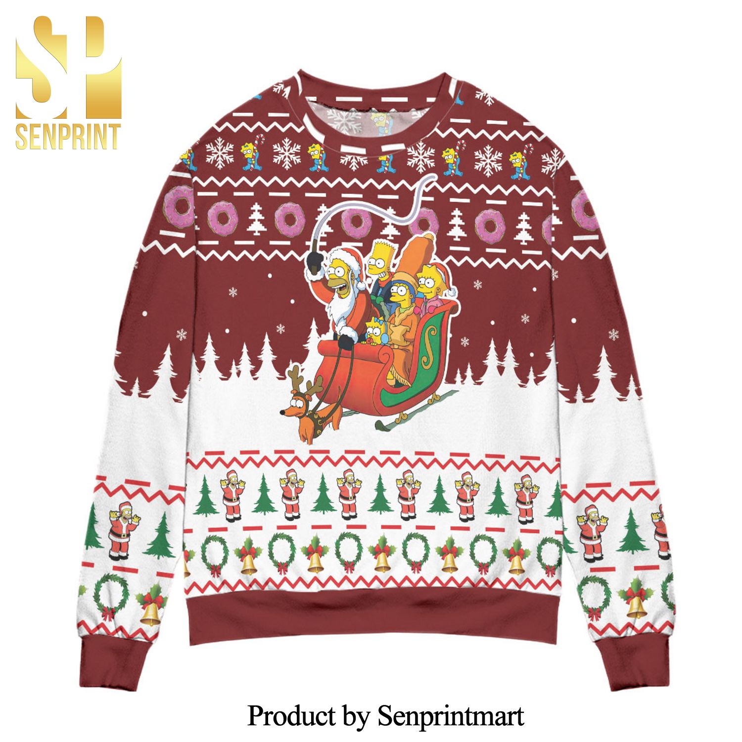 Santa Claus The Simpsons Version Snowflake And Pine Tree Pattern Knitted Ugly Christmas Sweater – Red