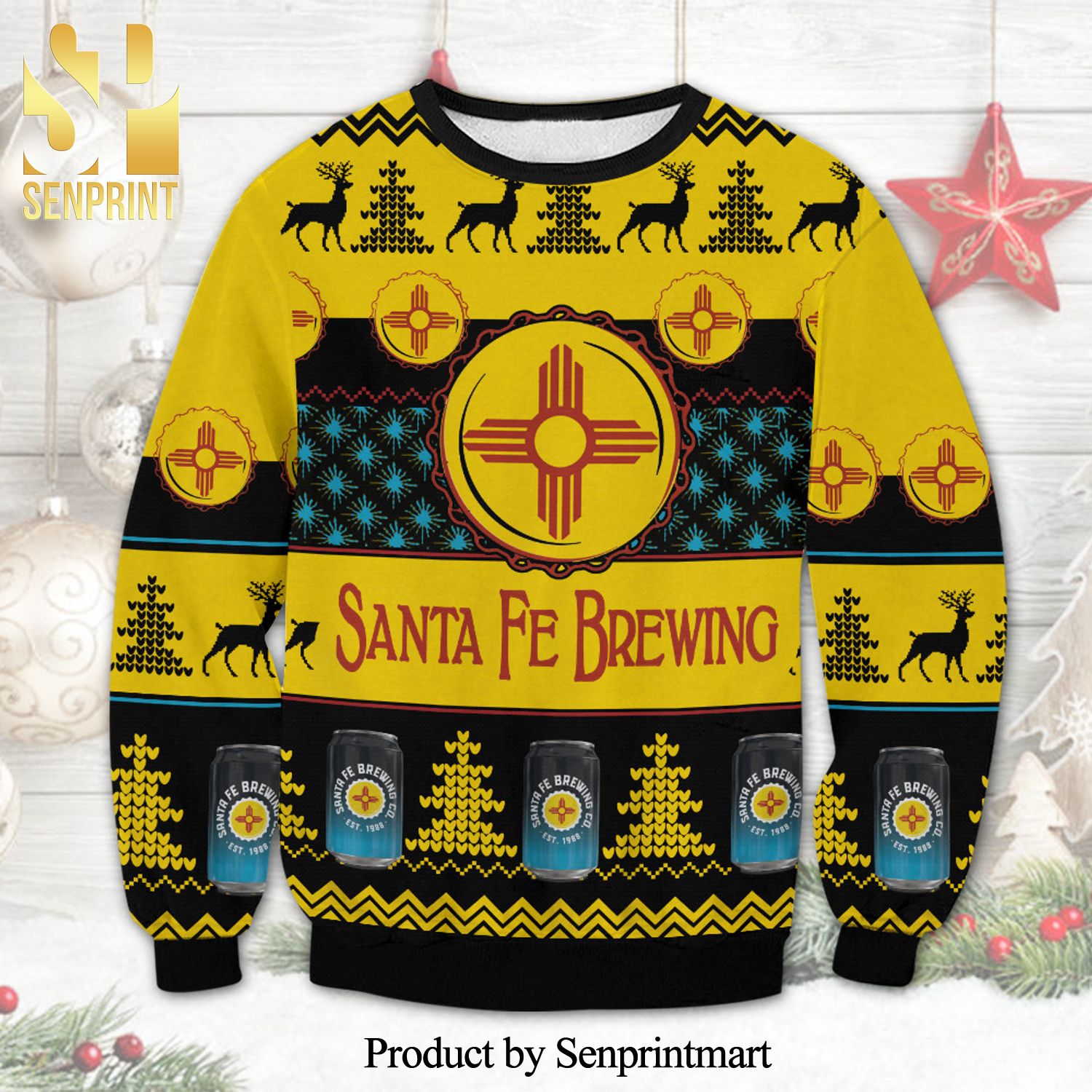 Santa Fe Brewing Beer Est 1988 Logo Reindeer Knitted Ugly Christmas Sweater