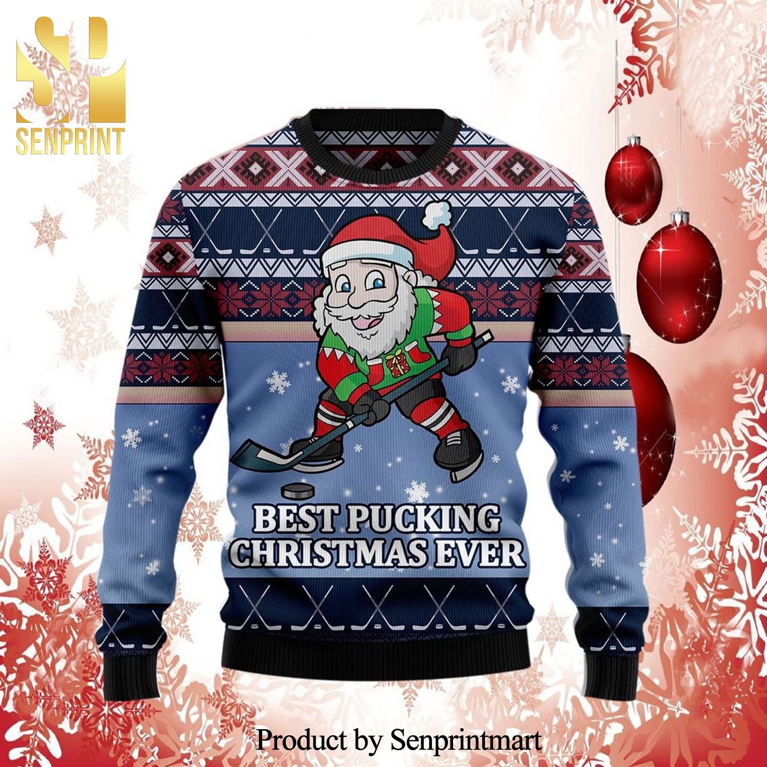 Santa Hockey Best Pucking Xmas Ever Knitted Ugly Christmas Sweater