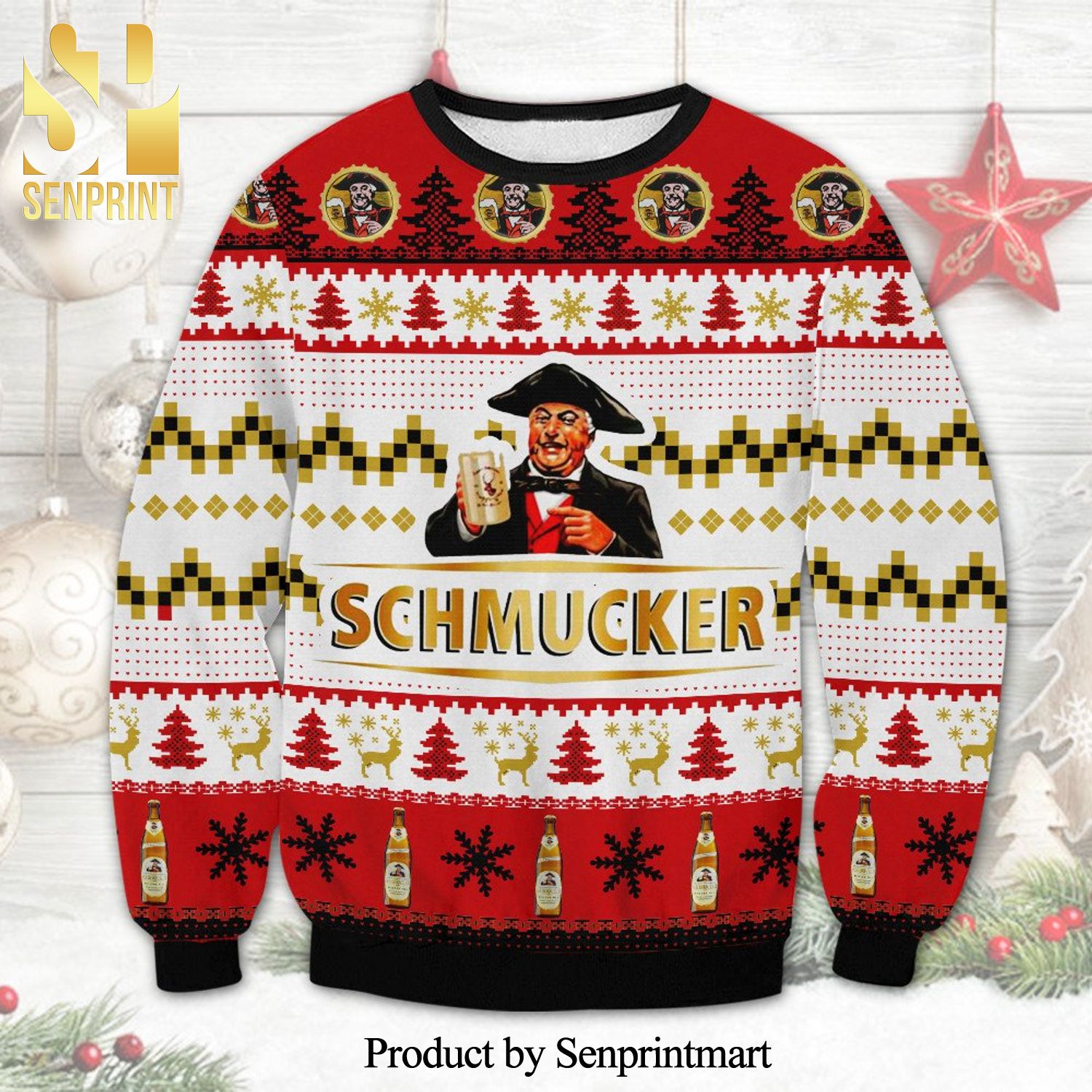 Schmucker Beer Logo Snowflake Knitted Ugly Christmas Sweater